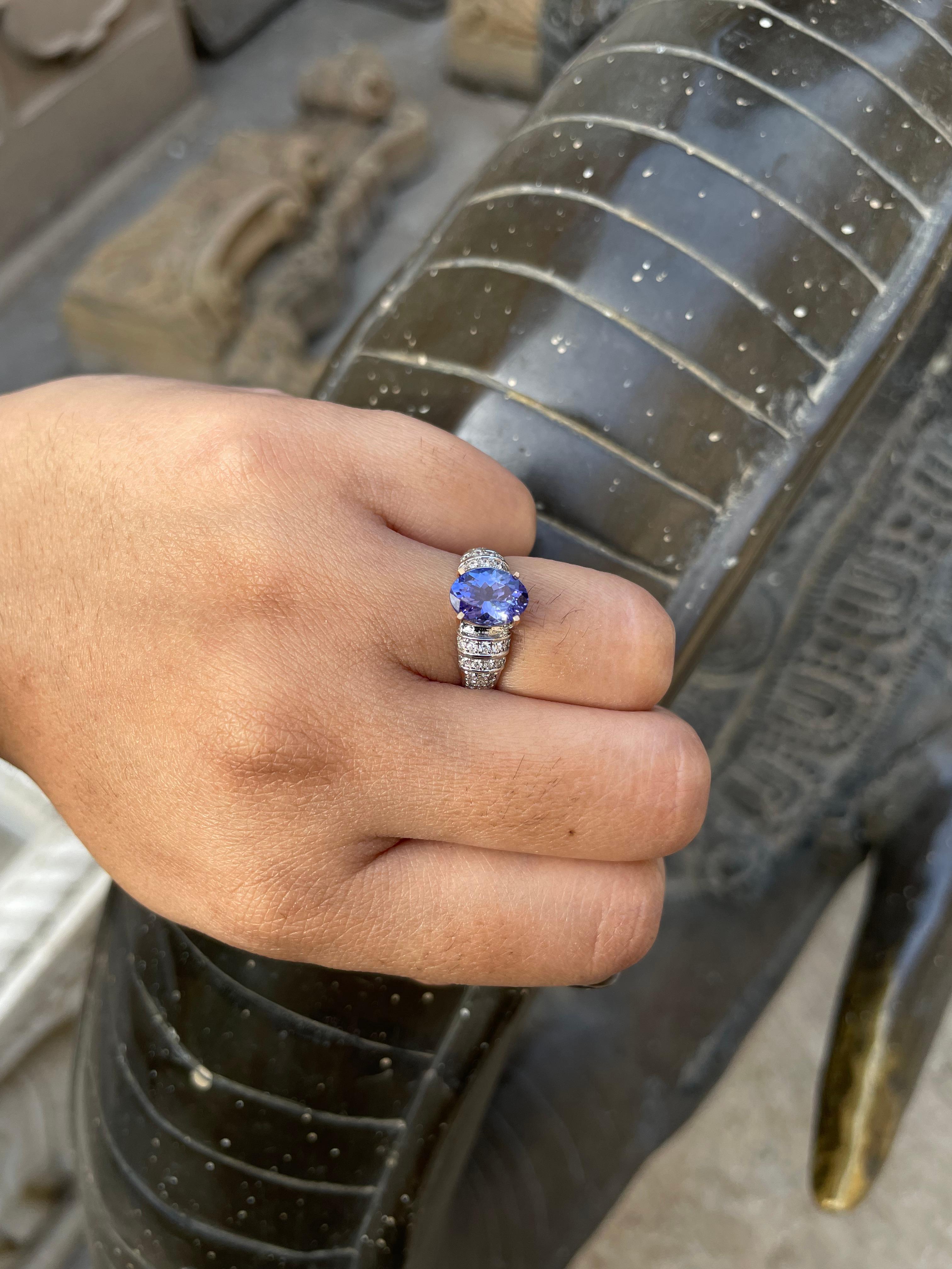 For Sale:  Oval Tanzanite and Diamond Ring in 18k Solid White Gold 7