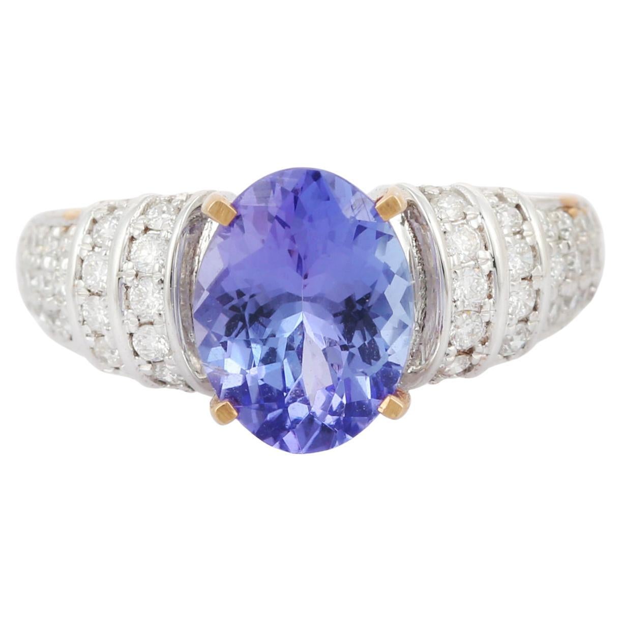 Bague ovale en tanzanite et diamants en or blanc massif 18 carats