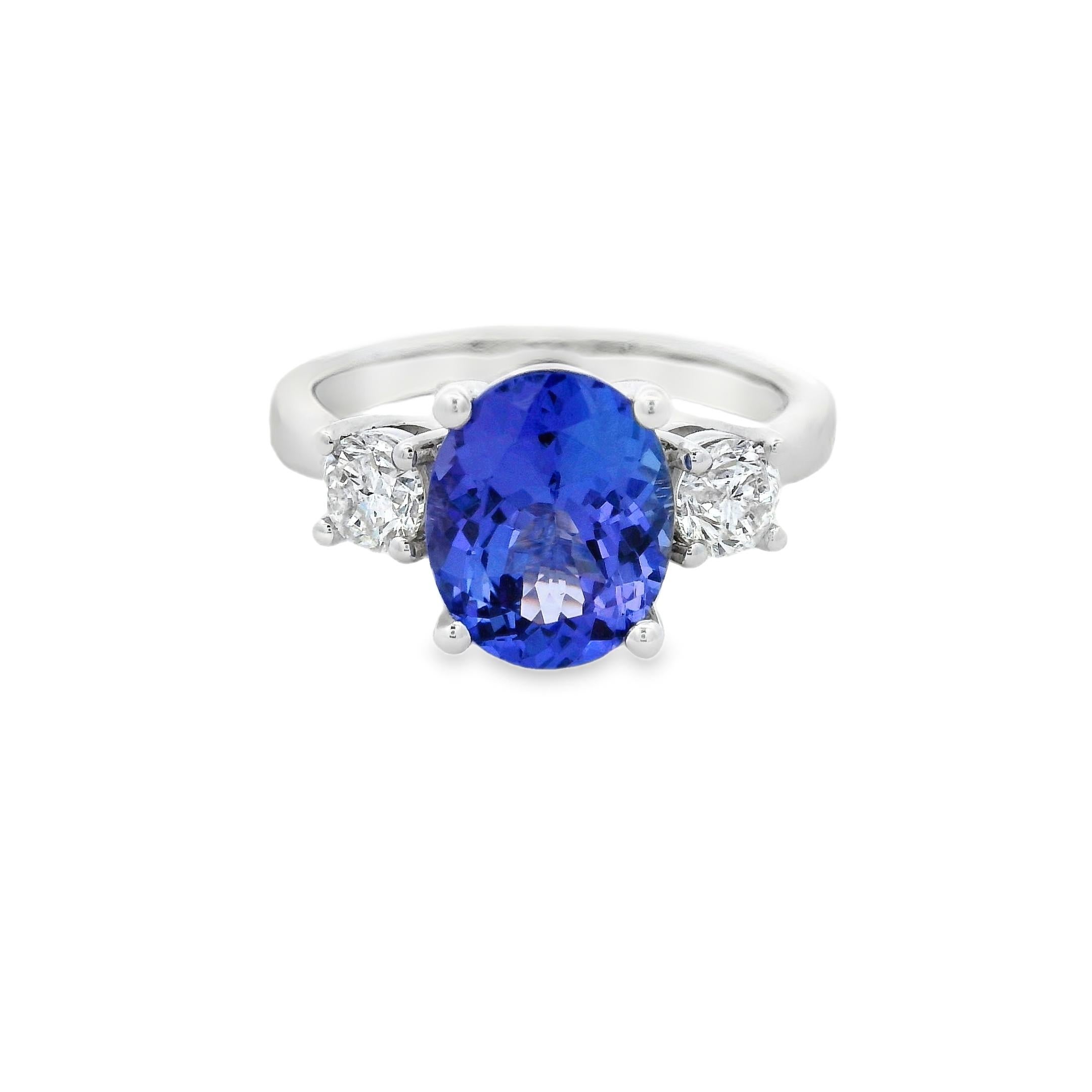 Bague à trois pierres en or blanc 14 carats, Tanzanite ovale et diamant, taille 7
