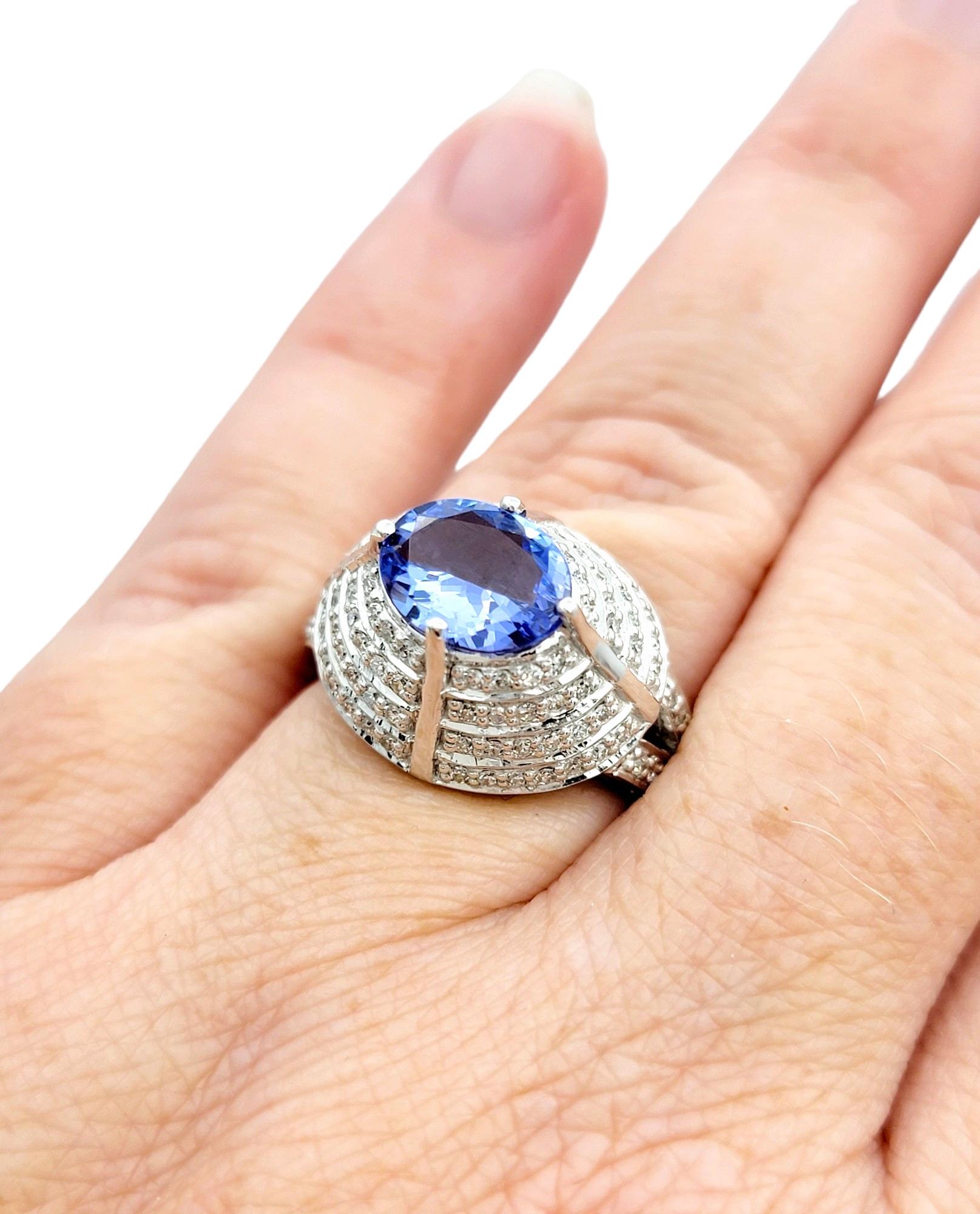 Oval Tanzanite and Pave Diamond Layered Dome Cocktail Ring 18 Karat White Gold For Sale 4