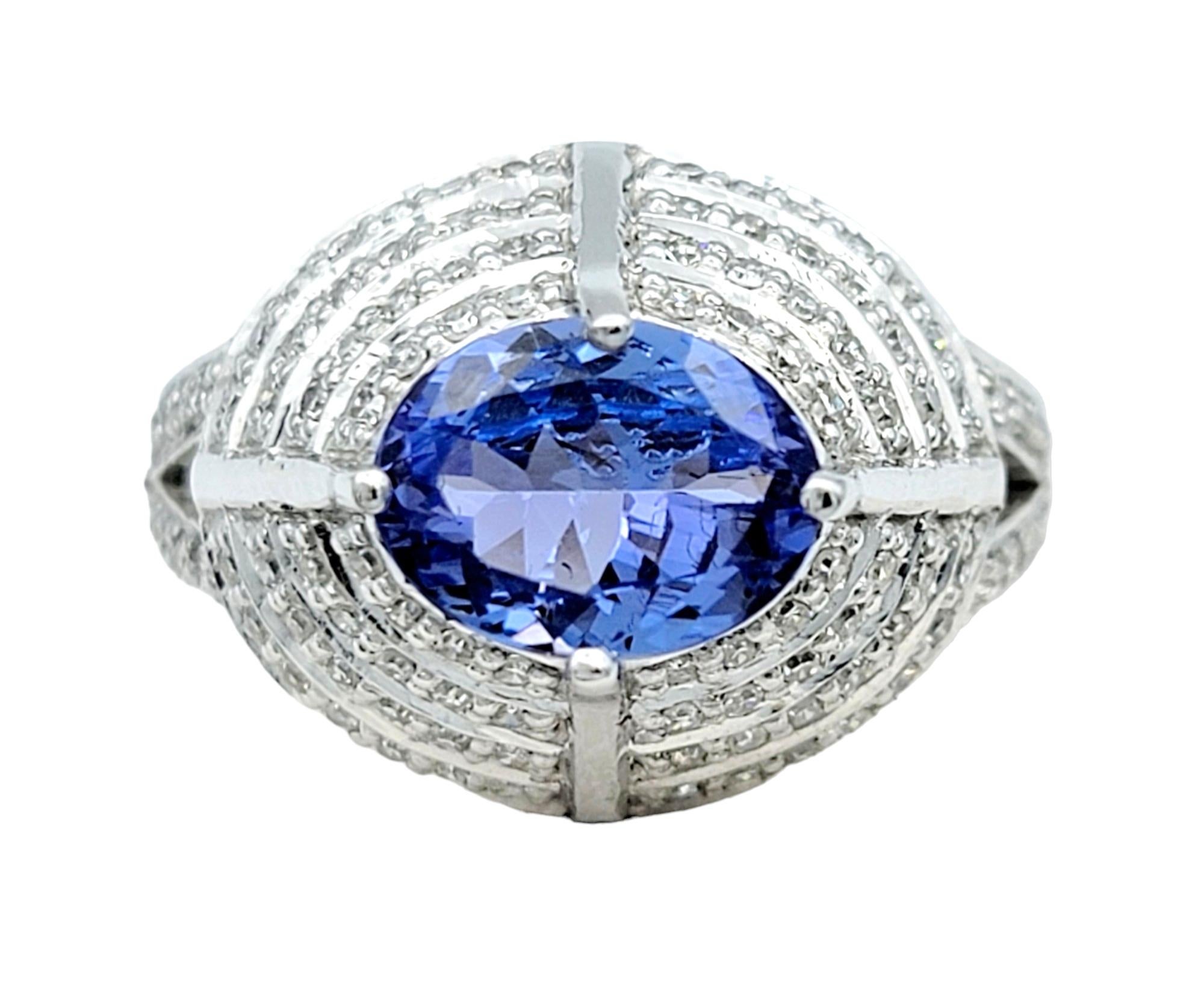 Contemporary Oval Tanzanite and Pave Diamond Layered Dome Cocktail Ring 18 Karat White Gold For Sale