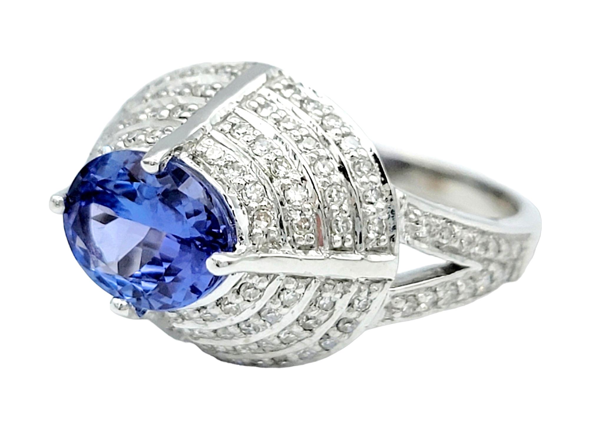 Oval Cut Oval Tanzanite and Pave Diamond Layered Dome Cocktail Ring 18 Karat White Gold For Sale
