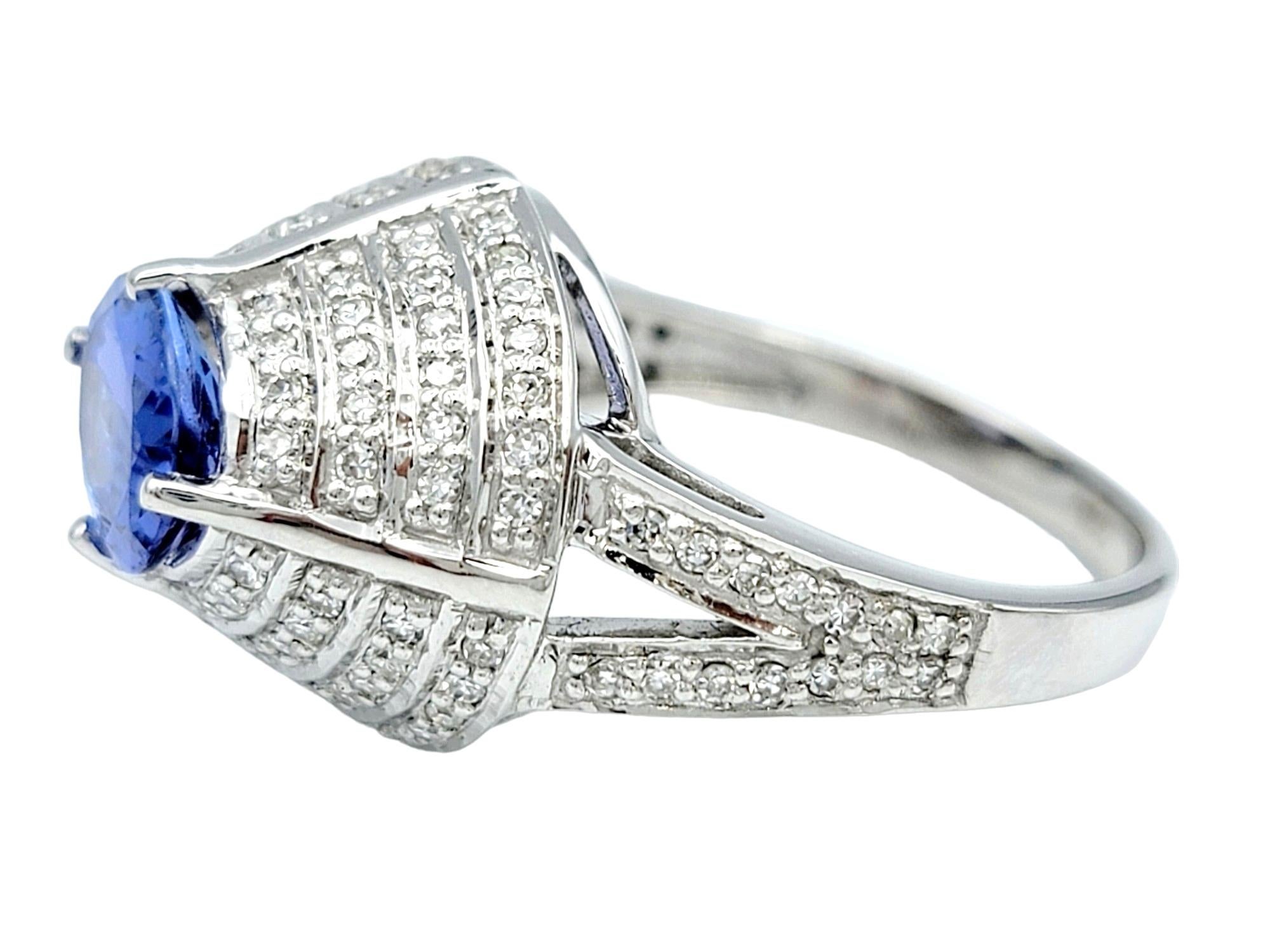 Oval Tanzanite and Pave Diamond Layered Dome Cocktail Ring 18 Karat White Gold In Good Condition For Sale In Scottsdale, AZ