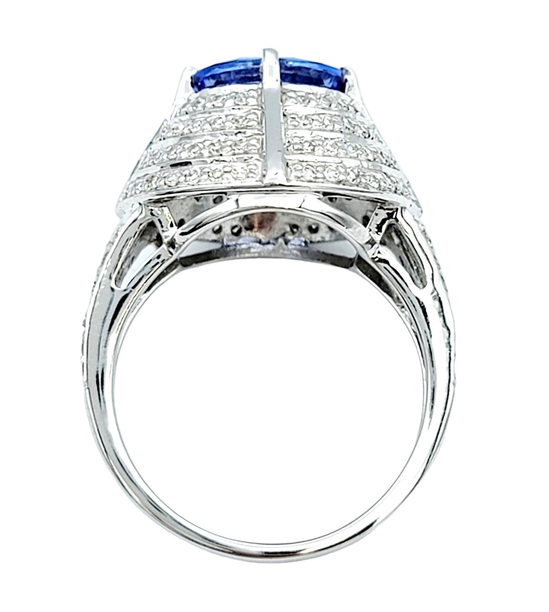 Women's Oval Tanzanite and Pave Diamond Layered Dome Cocktail Ring 18 Karat White Gold For Sale