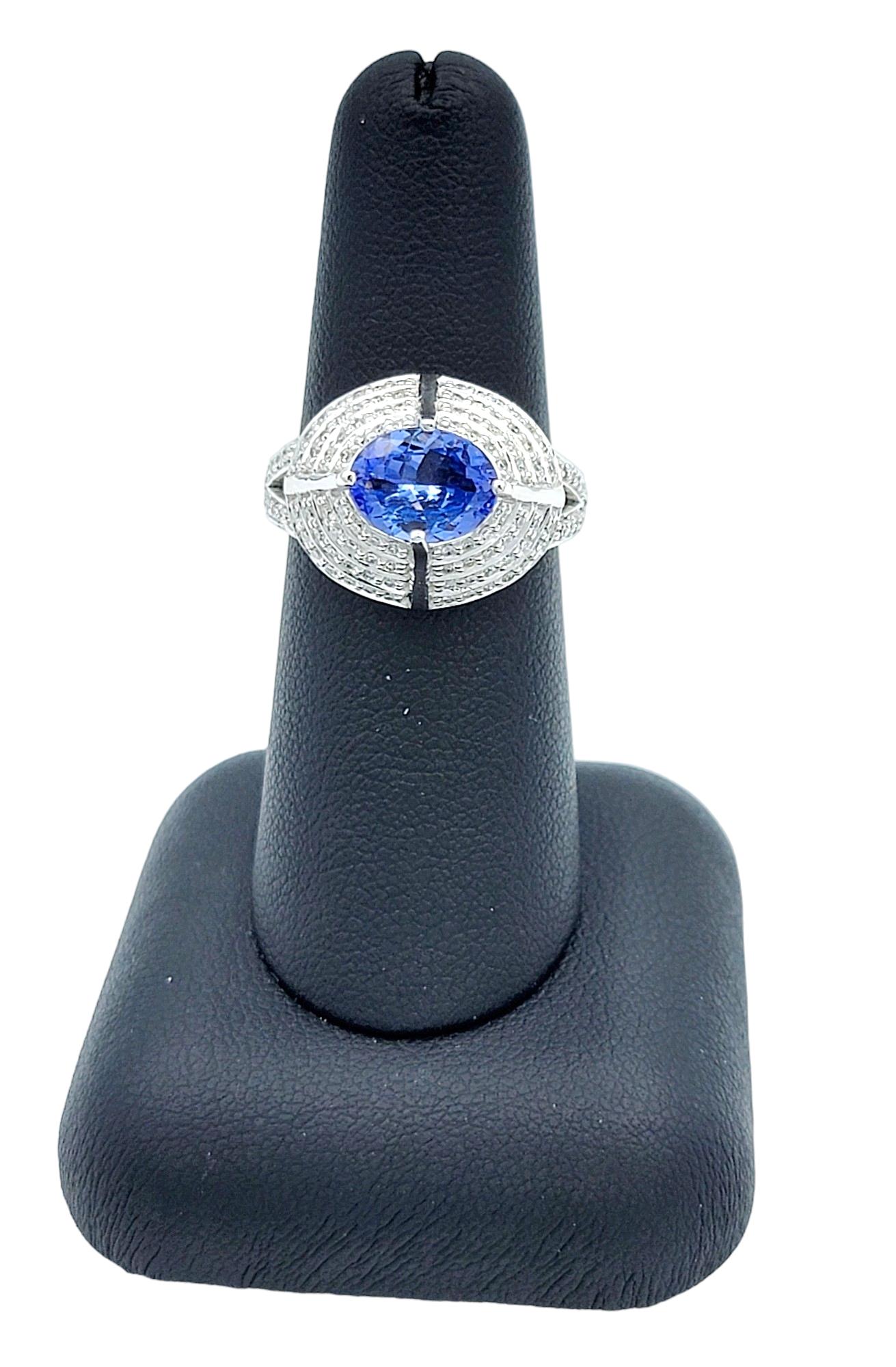 Oval Tanzanite and Pave Diamond Layered Dome Cocktail Ring 18 Karat White Gold For Sale 2