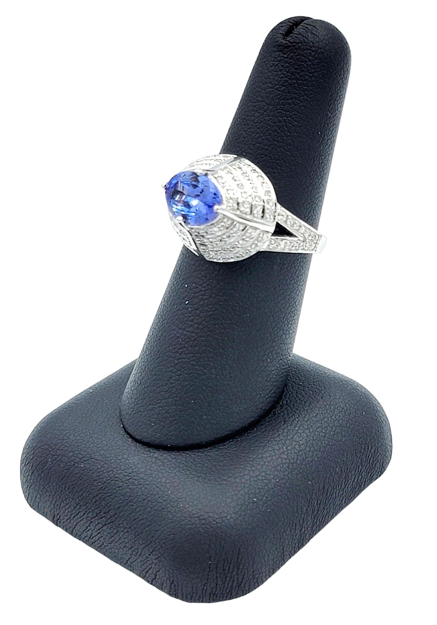 Oval Tanzanite and Pave Diamond Layered Dome Cocktail Ring 18 Karat White Gold For Sale 3