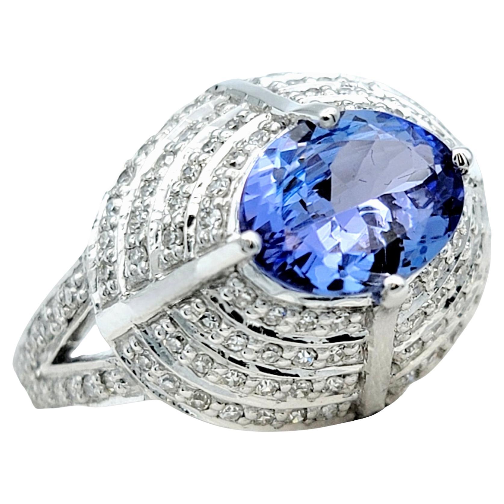 Oval Tanzanite and Pave Diamond Layered Dome Cocktail Ring 18 Karat White Gold