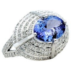 Oval Tanzanite and Pave Diamond Layered Dome Cocktail Ring 18 Karat White Gold