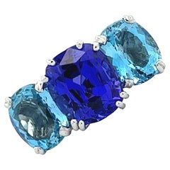 Vintage Oval Tanzanite Aquamarine Platinum Estate Statement Cocktail Ring Three Stone