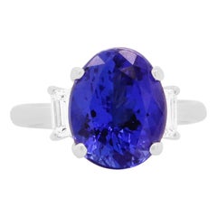 Oval Tanzanite Baguette Diamond Three Stone Step Cut Engagement Cocktail Ring