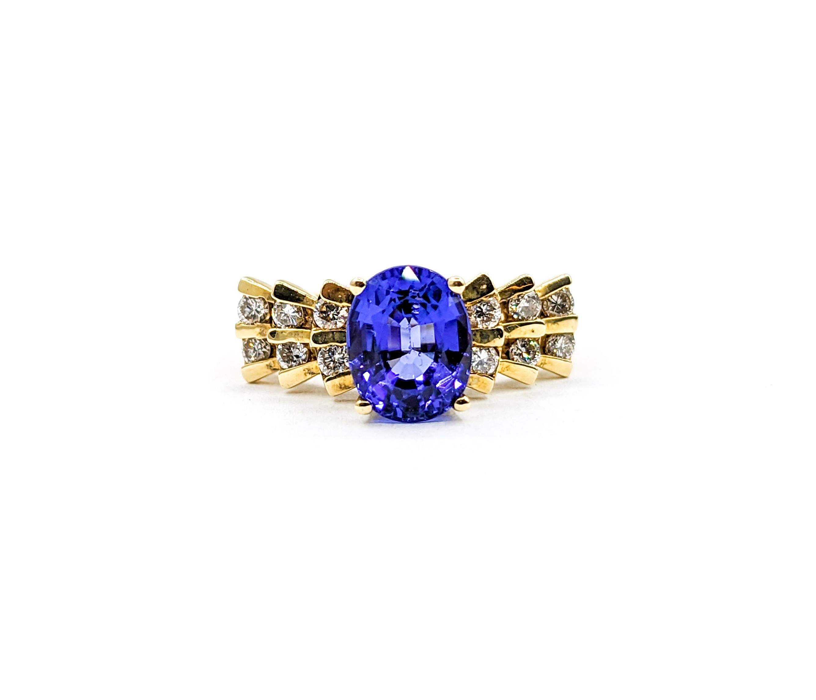Oval Tanzanite & Diamond Cocktail Ring

Introducing this wonderful Tanzanite ring, beautifully crafted in 14k yellow gold. The center stone is a saturated 1.90ct Tanzanite with a deep blue-purple hue. Decorating the setting are .25ctw round diamonds