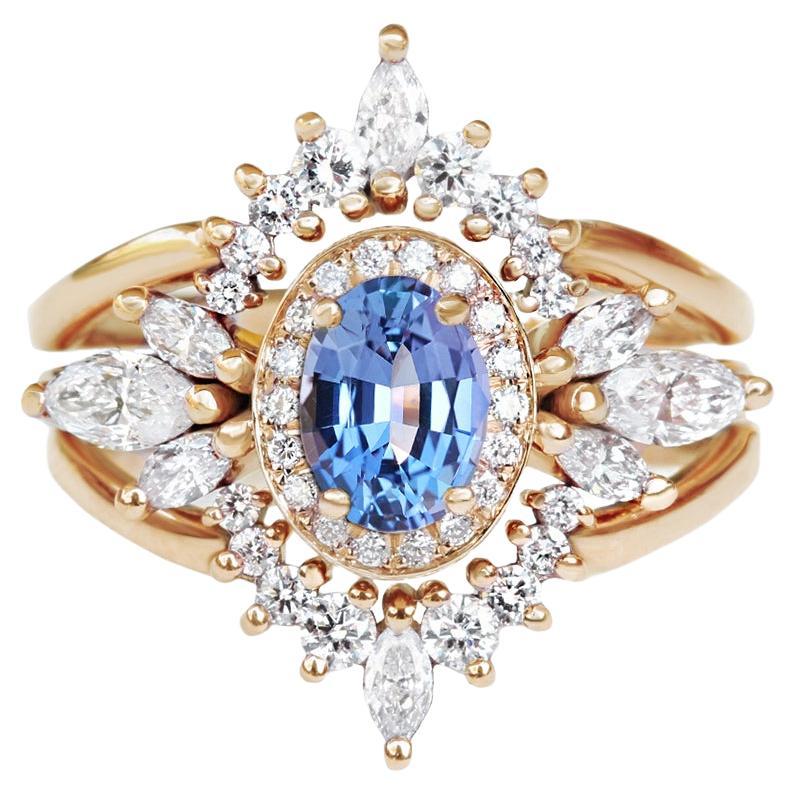 Ovaler Tansanit, Diamant-Verlobungsring, zwei passender Kronenring Athena Krone
