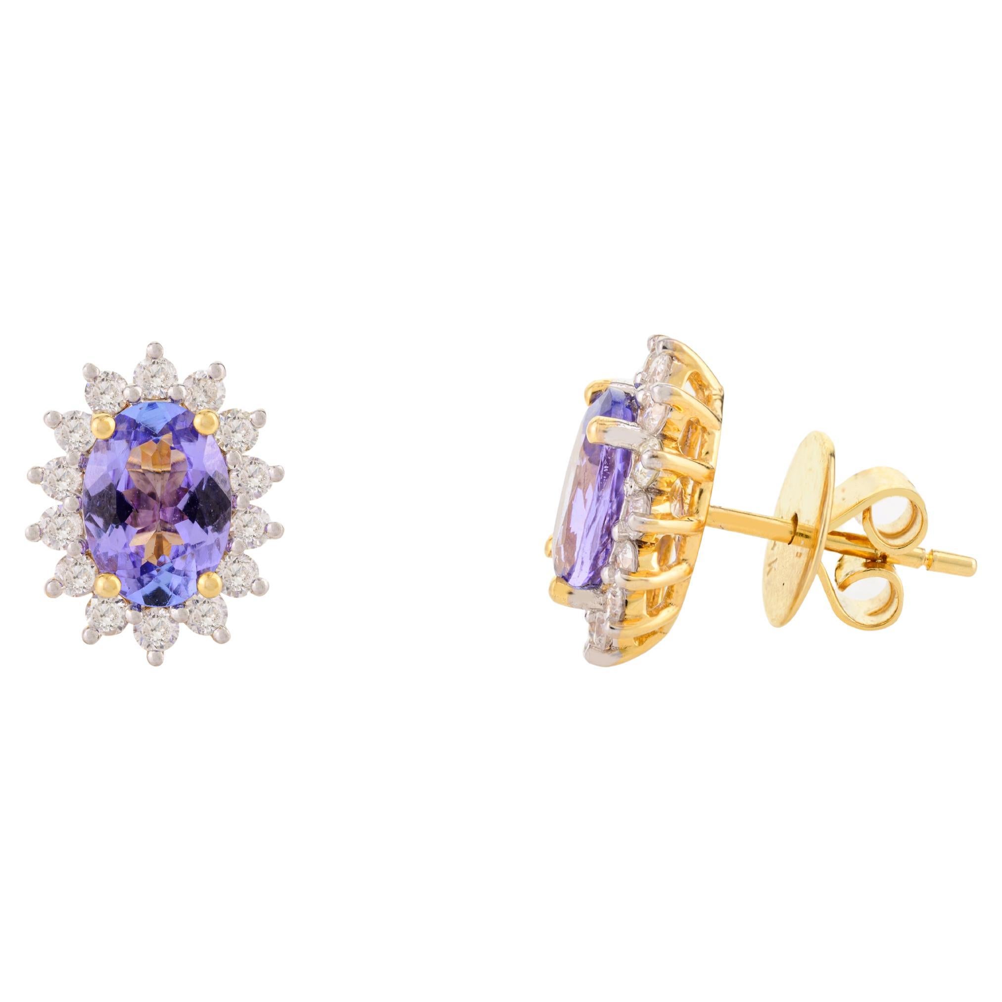 Oval Tanzanite Diamond Halo Stud Earrings for Her in 14k Solid Yellow Gold