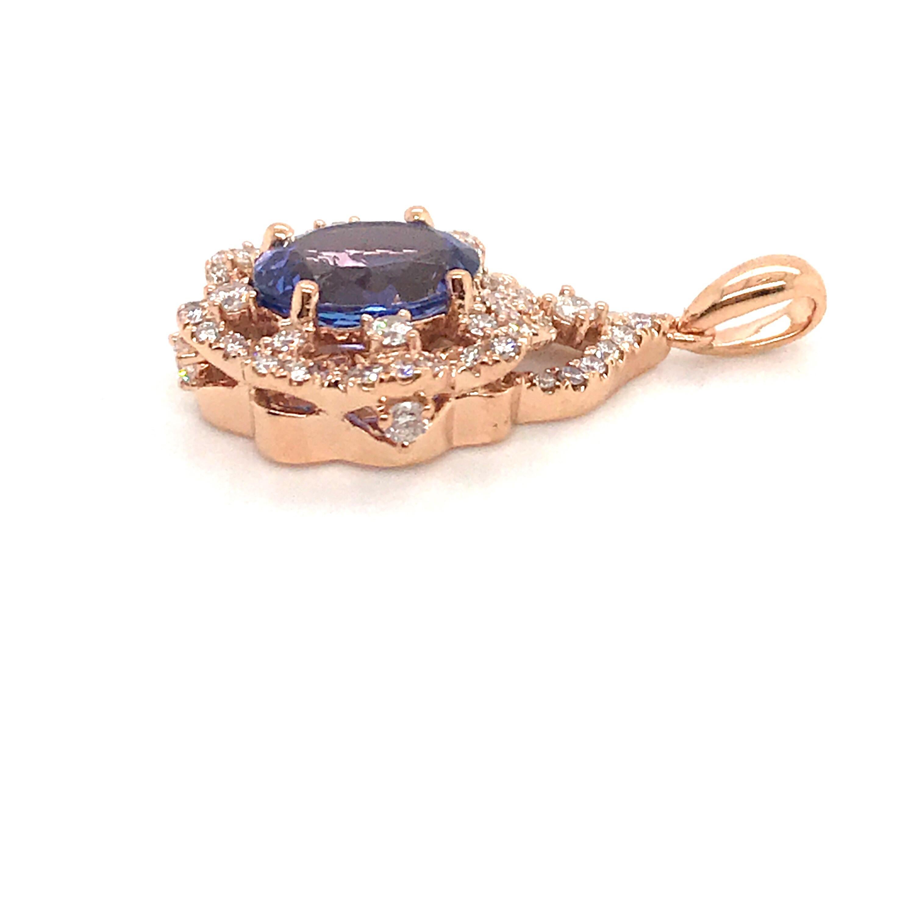 Oval Cut Oval Tanzanite Diamond Pendant 3.49 Carat 18 Karat Rose Gold