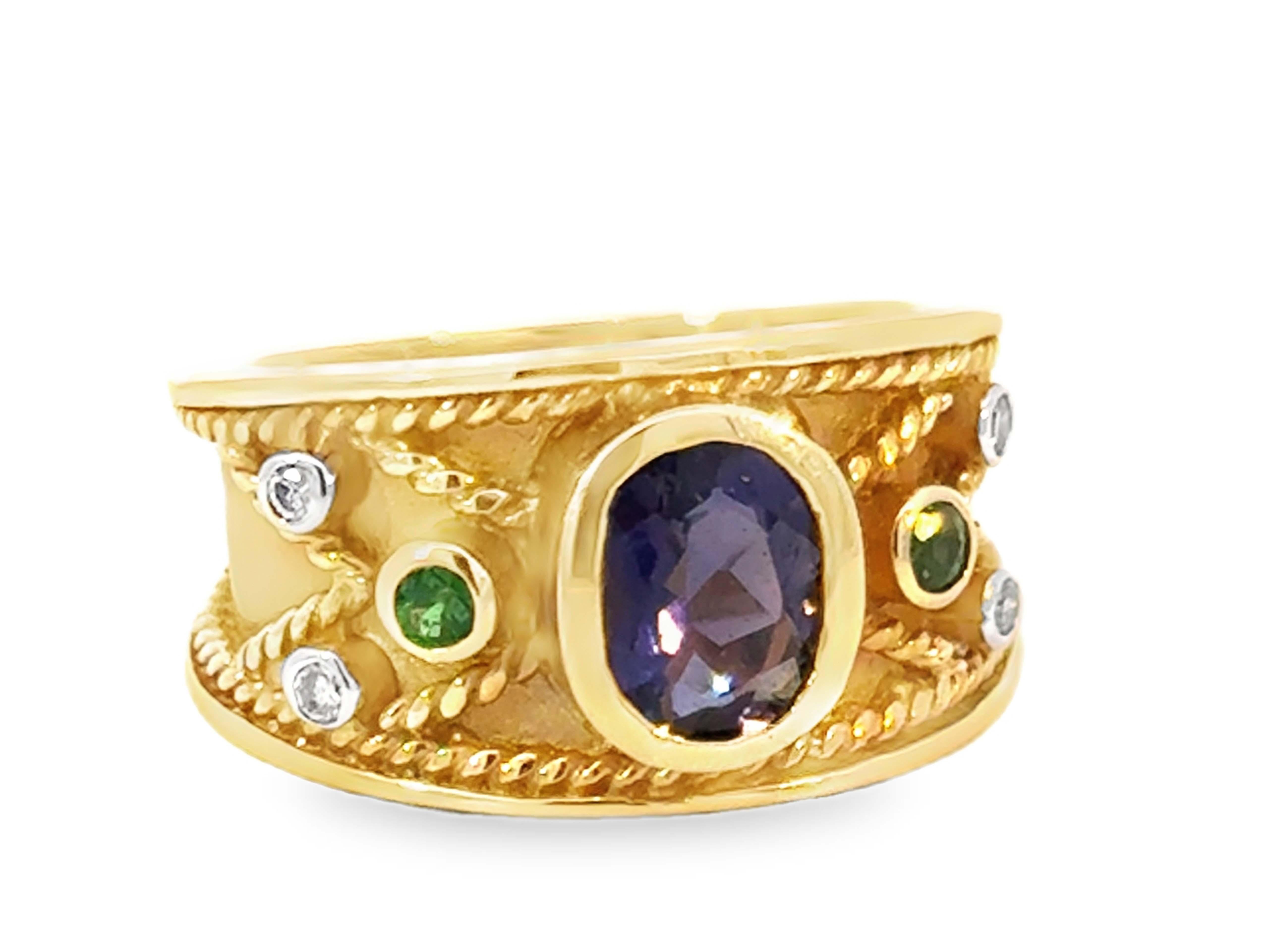 Moderne Oval Tanzanite Diamond Tsavorite Garnet Cigar Band Satin Ring 14k Yellow Gold en vente