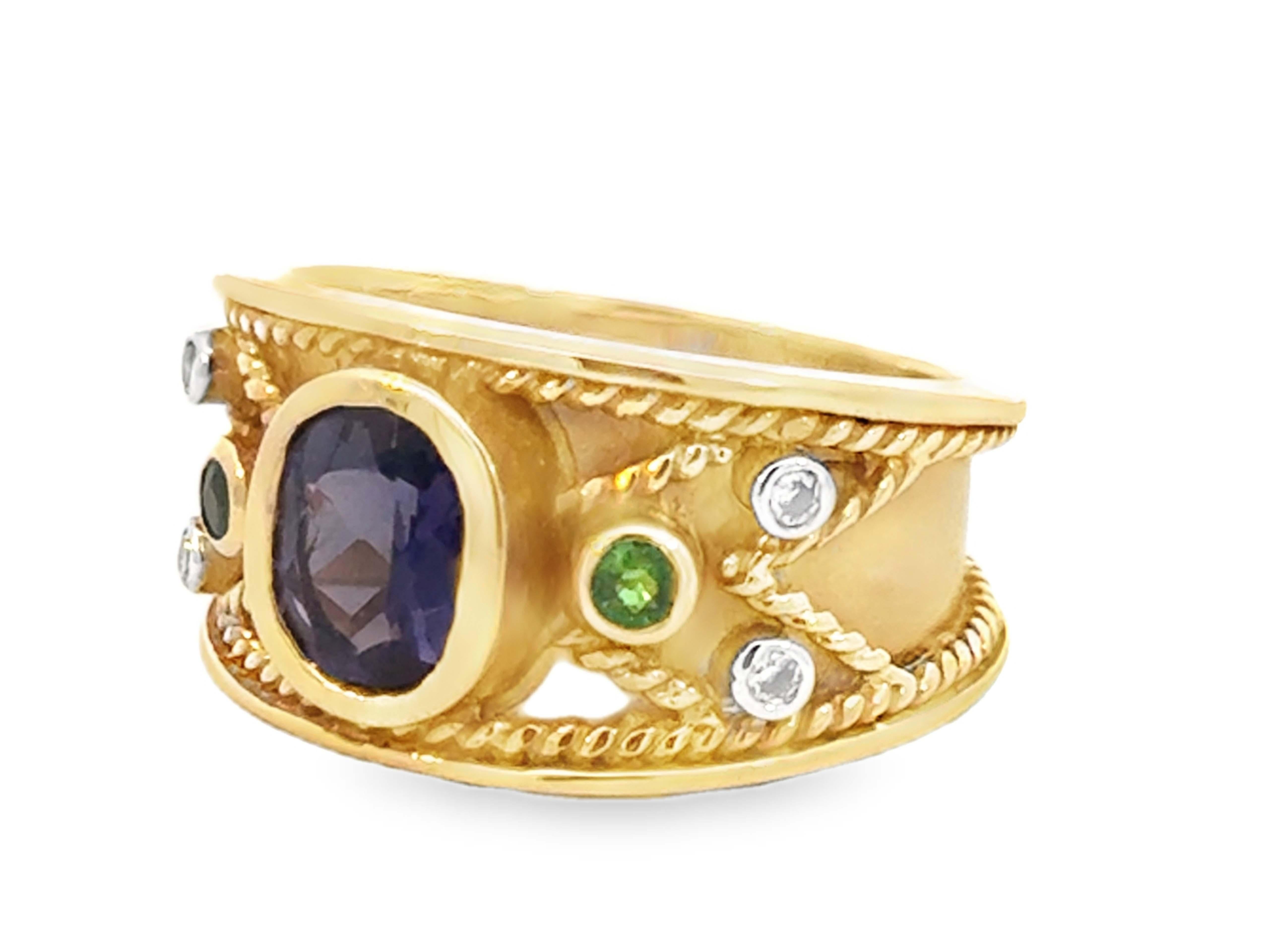 Taille ovale Oval Tanzanite Diamond Tsavorite Garnet Cigar Band Satin Ring 14k Yellow Gold en vente