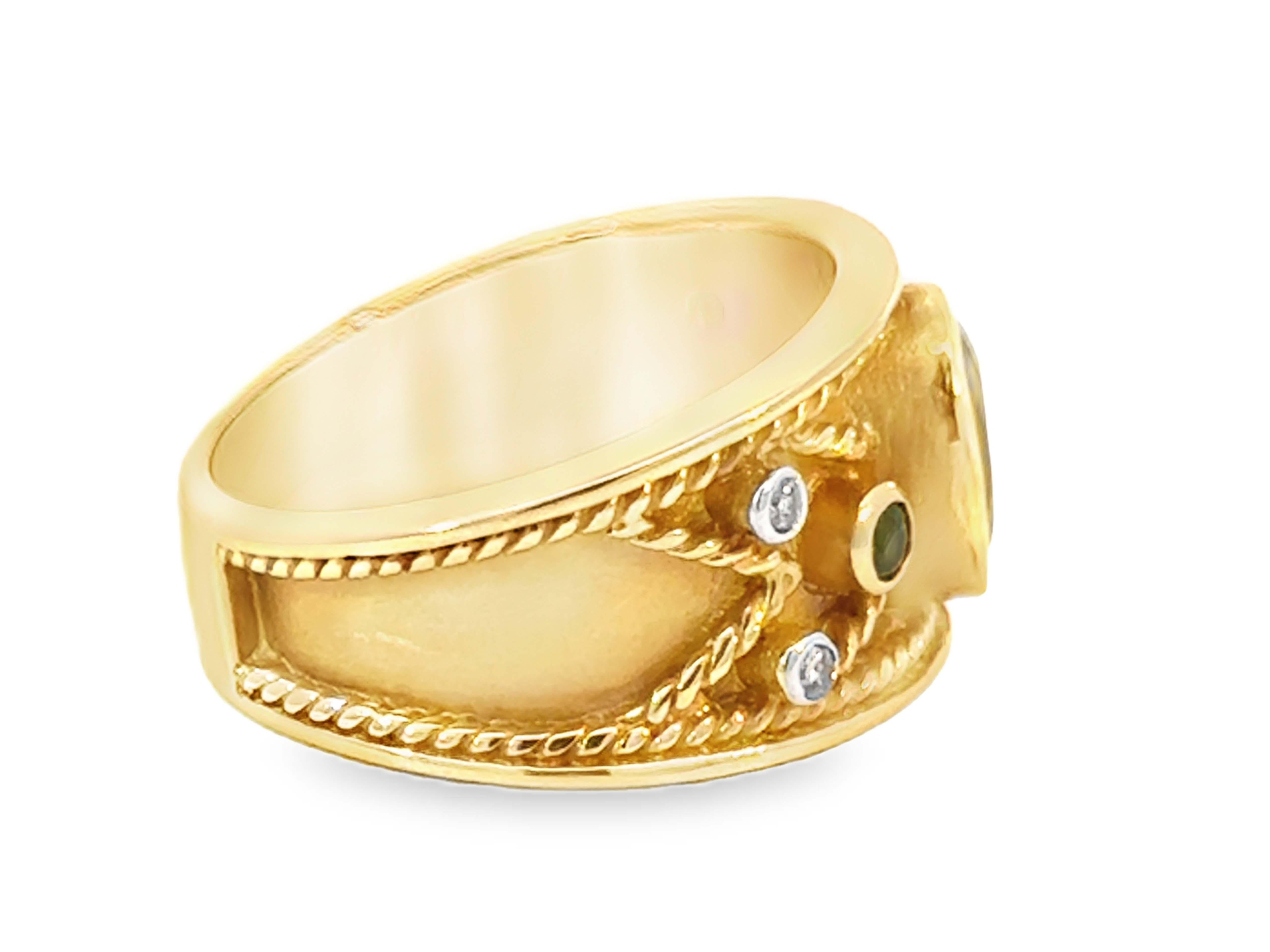 Oval Tanzanite Diamond Tsavorite Garnet Cigar Band Satin Ring 14k Yellow Gold Neuf - En vente à Honolulu, HI