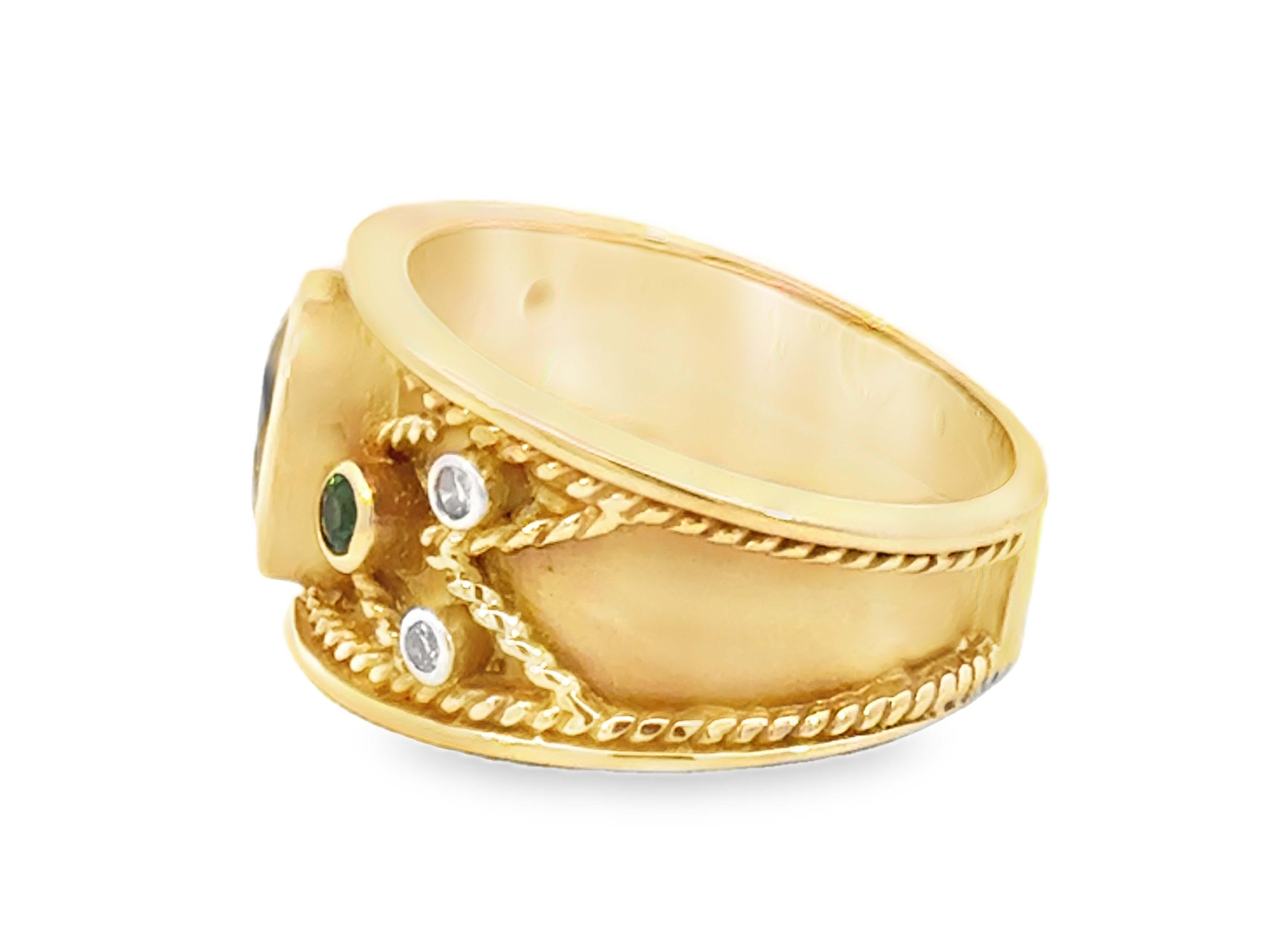 Oval Tanzanite Diamond Tsavorite Garnet Cigar Band Satin Ring 14k Yellow Gold Unisexe en vente