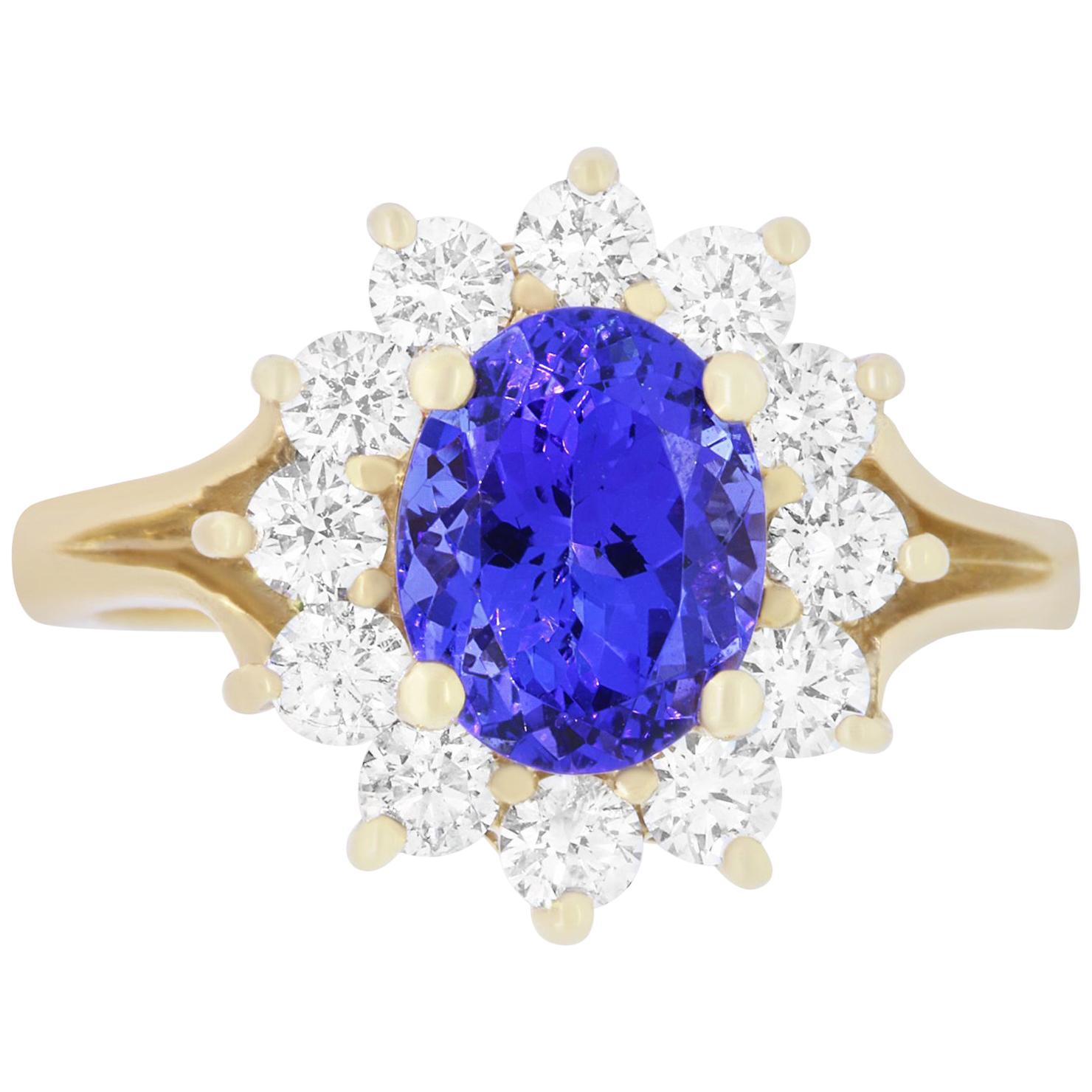 Emerald Cut Tanzanite and Baguette Diamond Engagement Ring at 1stDibs