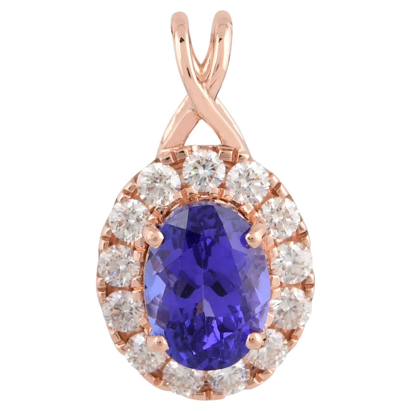 Oval Tanzanite Gemstone Charm Diamond Pave Pendant 18 Karat Rose Gold Jewelry For Sale