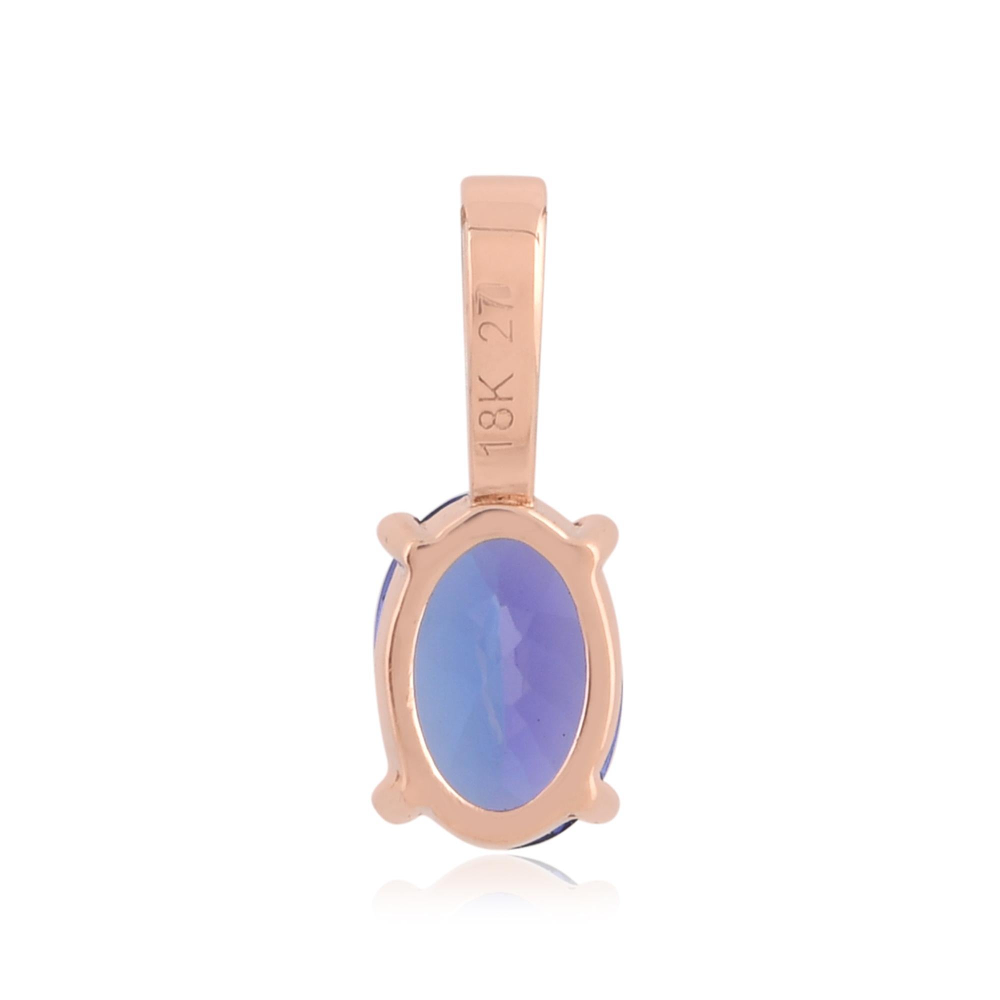 The pendant is expertly crafted in 18 karat rose gold, chosen for its warm and luxurious appearance. The rose gold setting complements the Tanzanite and diamonds, creating a harmonious blend of elegance and femininity. 

Item Code :- SEPD-3387
Gross