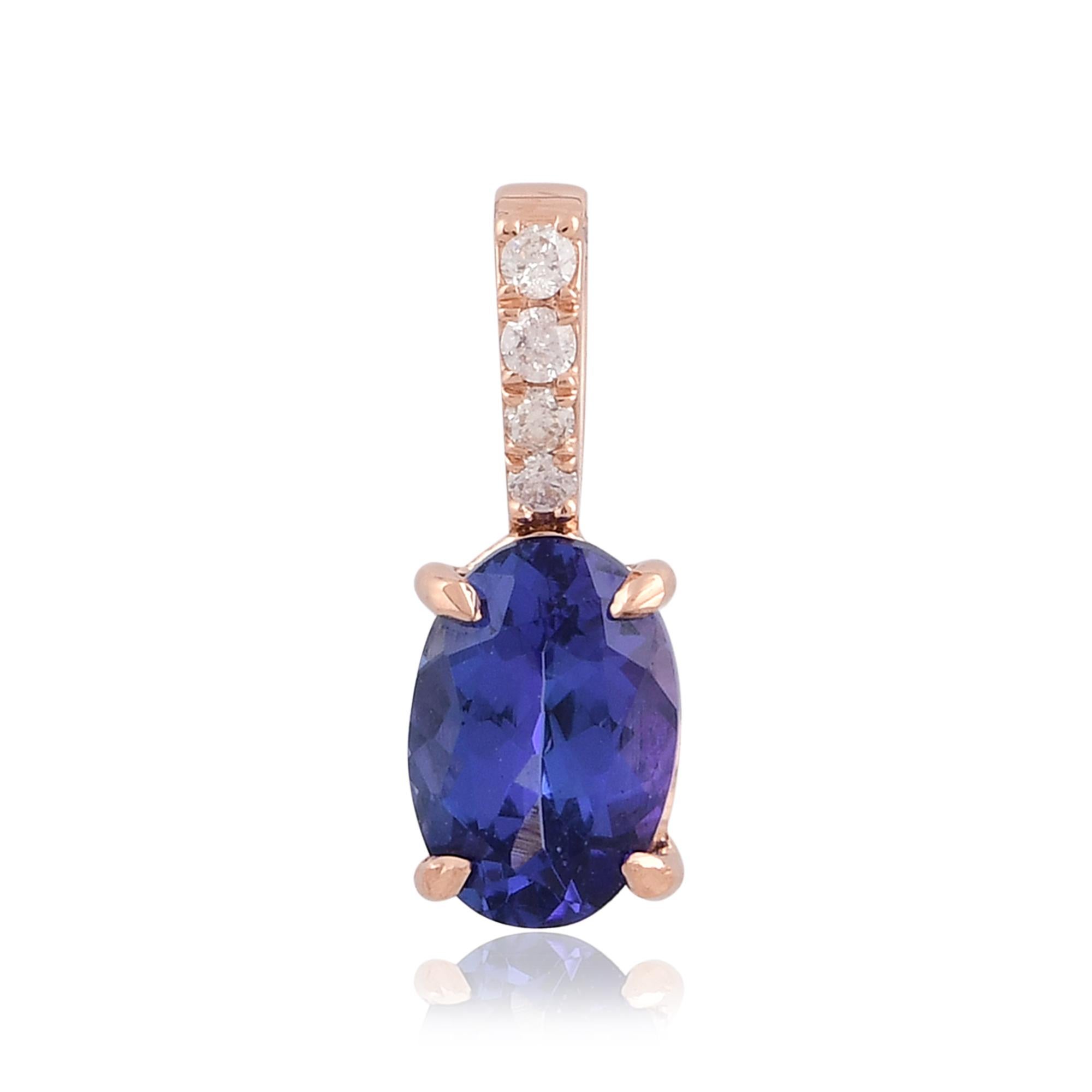 Taglio ovale Ciondolo ovale con gemma di tanzanite, ciondolo con pavé di diamanti, gioielli in oro rosa 18 carati in vendita