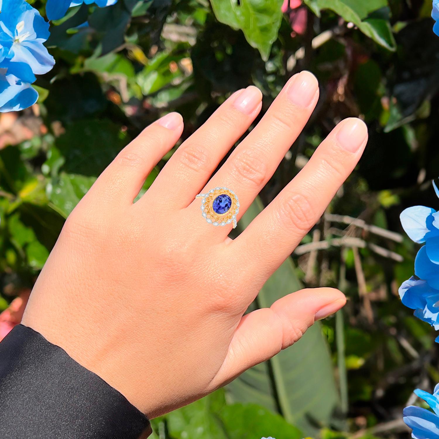 Contemporary Oval Tanzanite Statement Ring With Diamonds 2.5 Carats Total 14K Gold For Sale