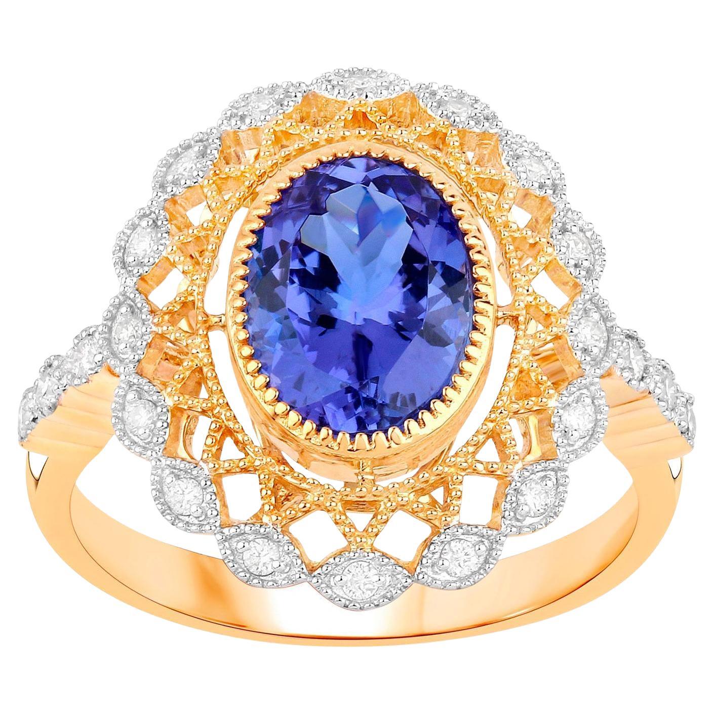 Oval Tanzanite Statement Ring With Diamonds 2.5 Carats Total 14K Gold