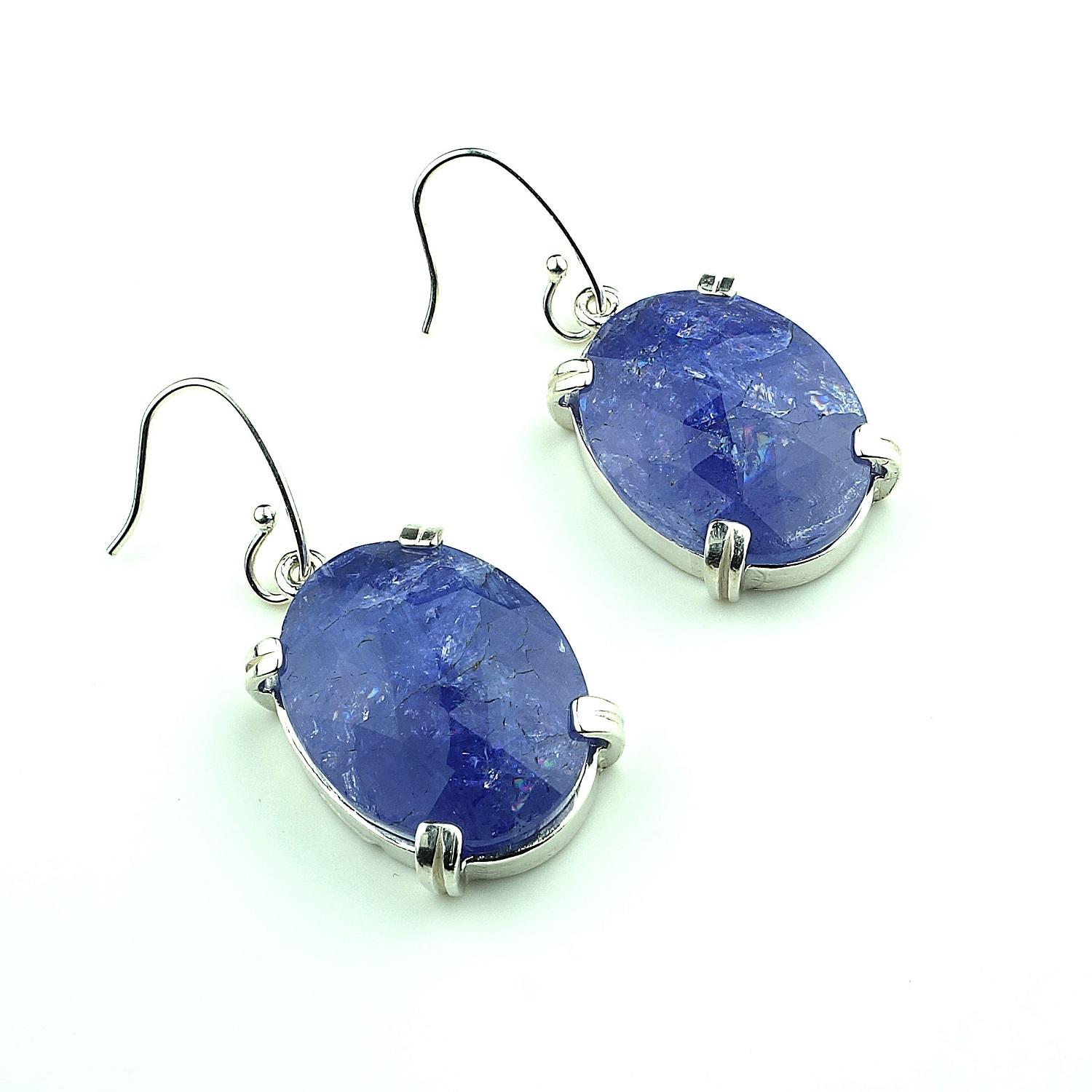 Women's or Men's AJD Oval Tanzanite Tablets with Faceted Table in Sterling Silver Earrings