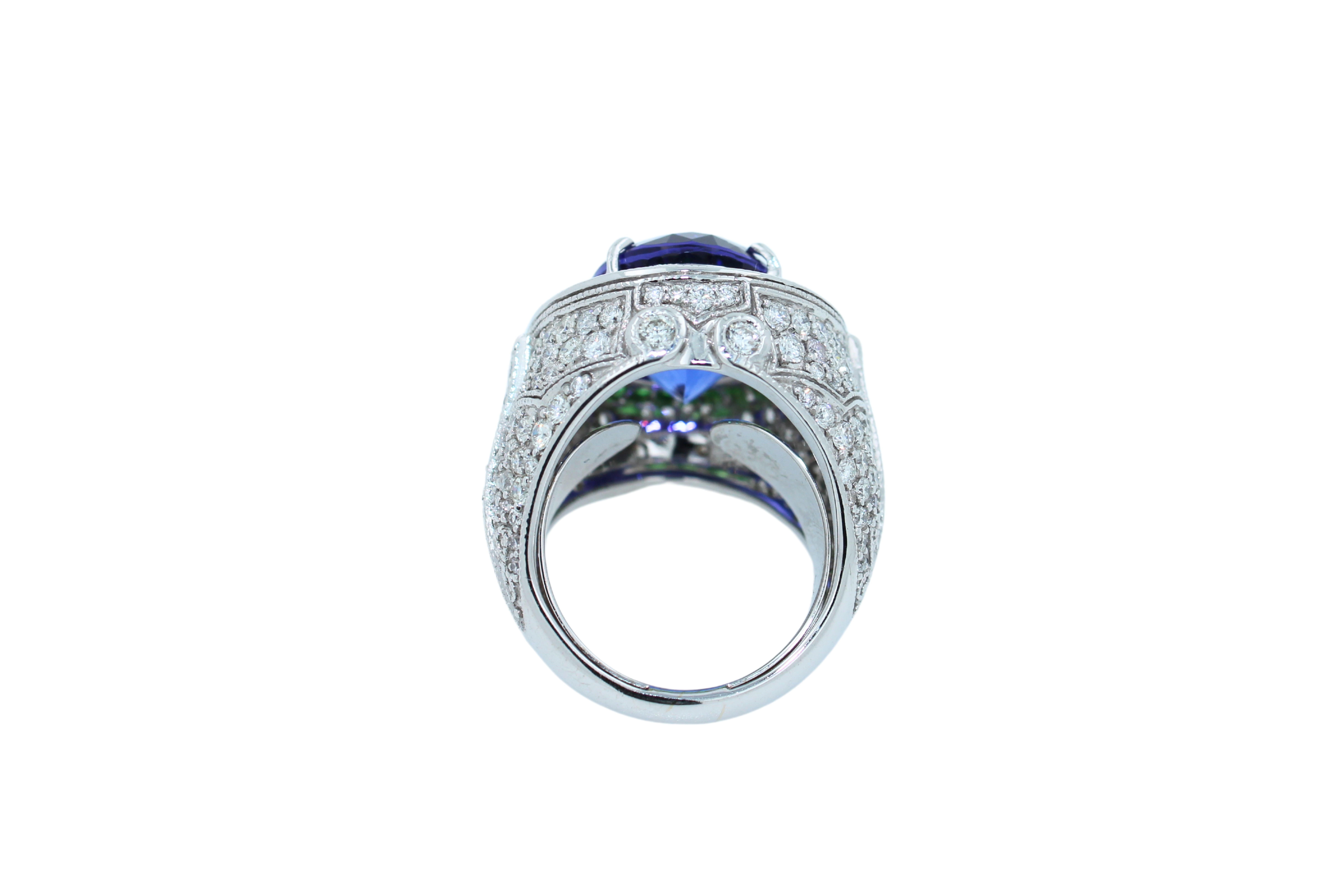 Oval Tanzanite Tsavorite Halo Diamond Pave Dome Signet 18 Karat White Gold Ring For Sale 2