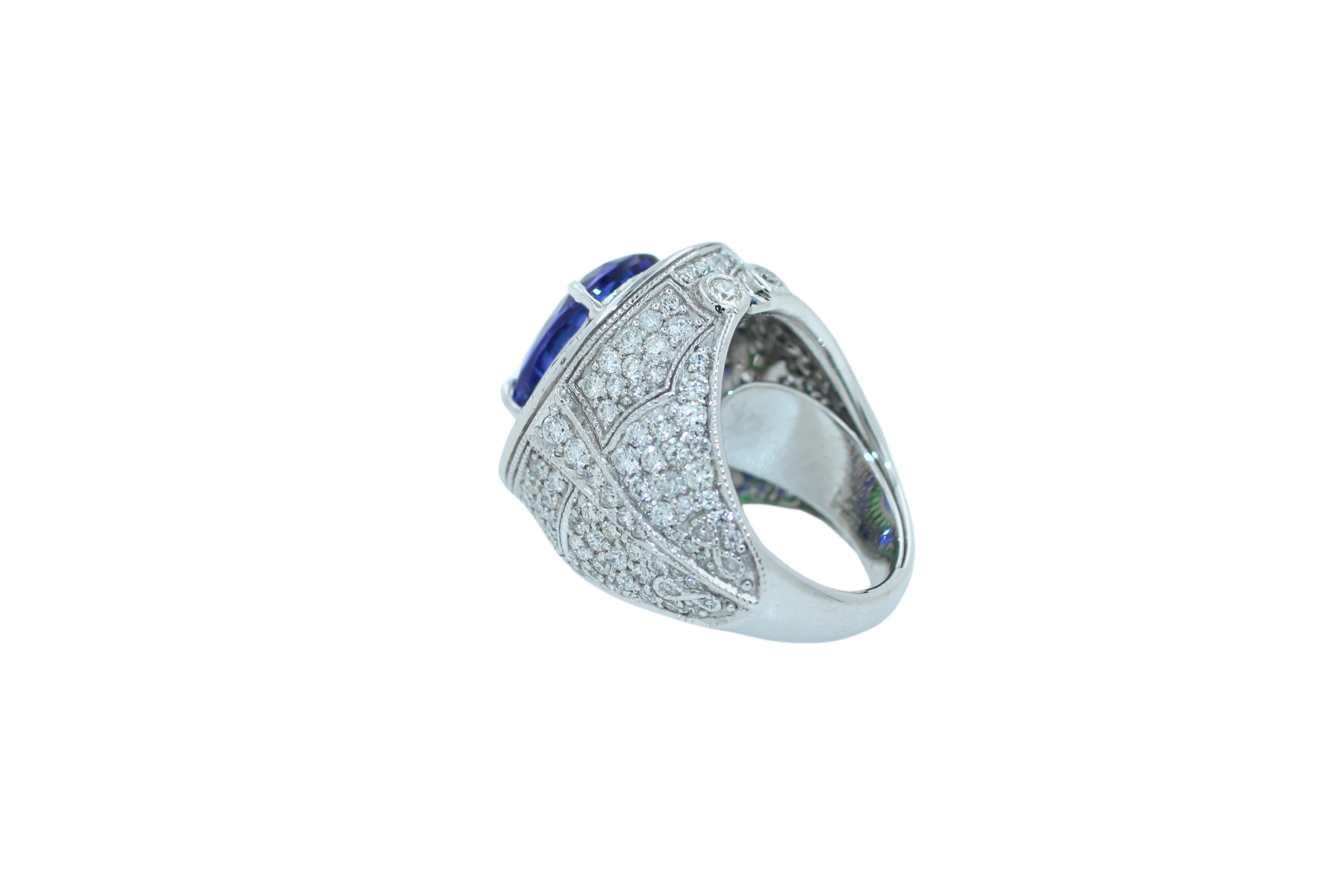 Oval Tanzanite Tsavorite Halo Diamond Pave Dome Signet 18 Karat White Gold Ring In New Condition For Sale In Oakton, VA