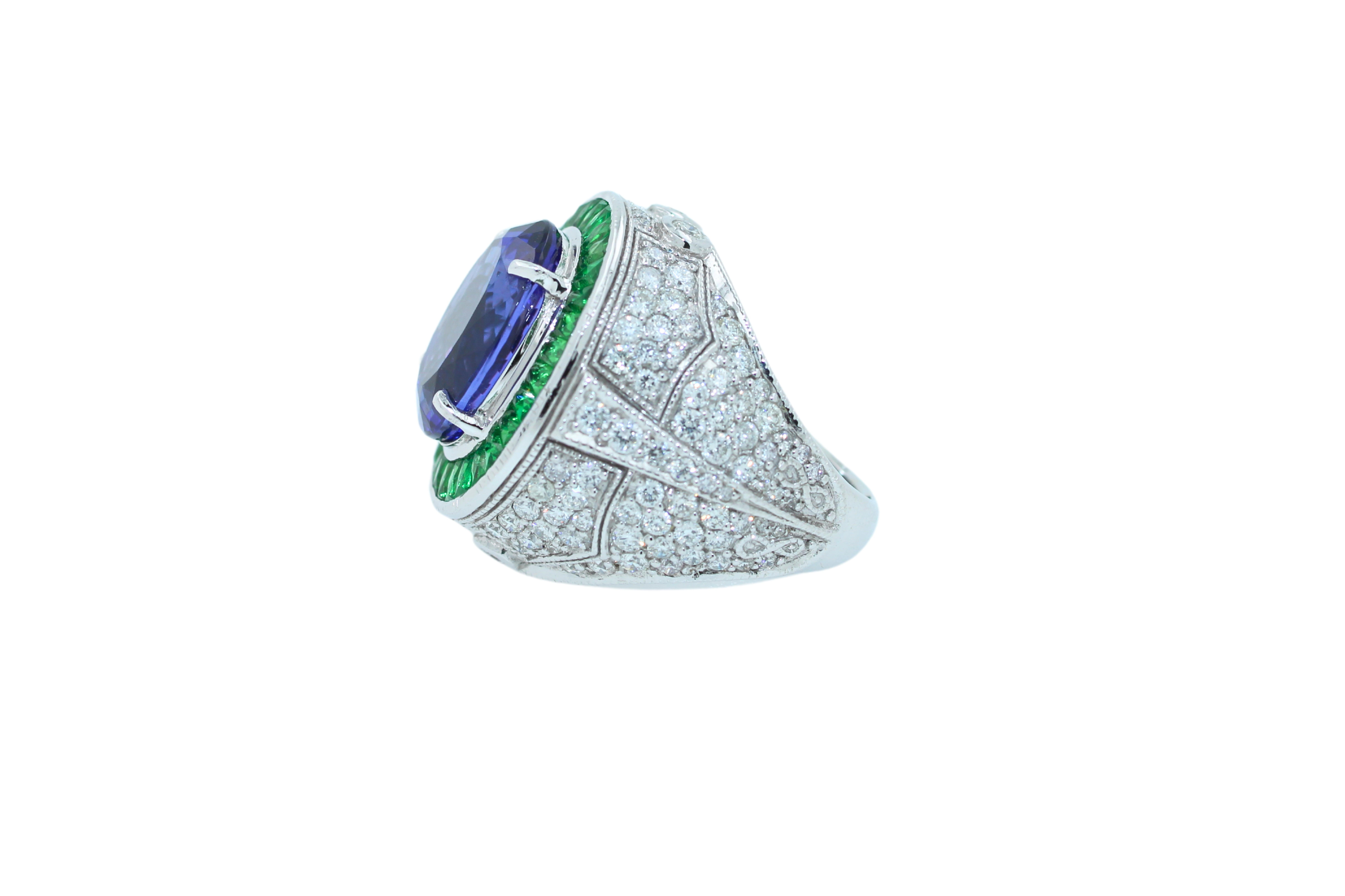 Oval Tanzanite Tsavorite Halo Diamond Pave Dome Signet 18 Karat White Gold Ring For Sale 1