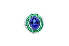 Oval Tanzanite Tsavorite Halo Diamond Pave Dome Signet 18 Karat White Gold Ring