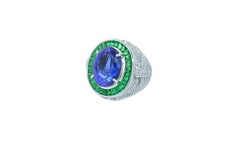 Oval Tanzanite Tsavorite Halo Diamond Pave Dome Signet 18 Karat White Gold Ring