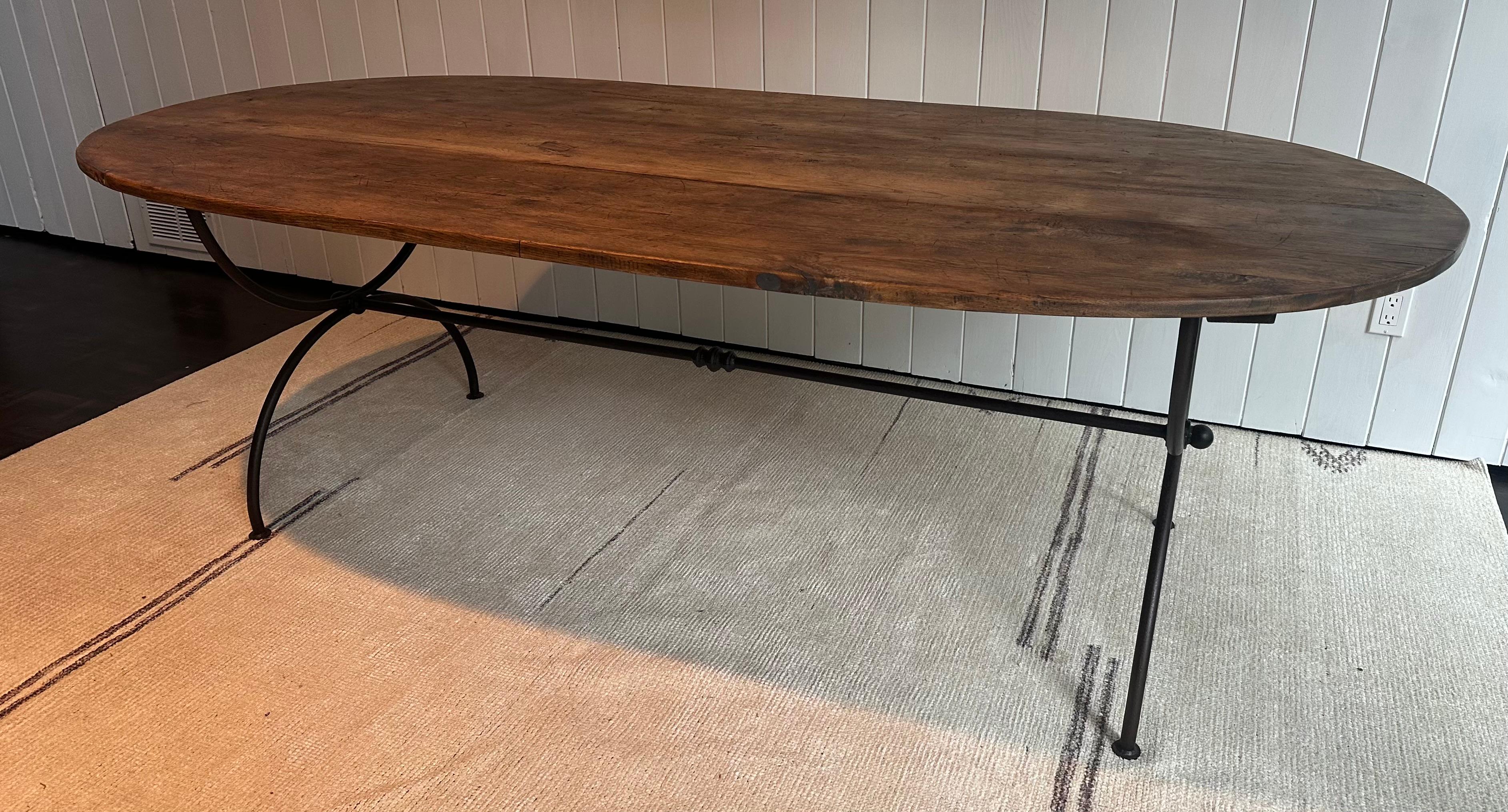 Oval Teak and Custom Metal Base Garden Dining Table For Sale 2