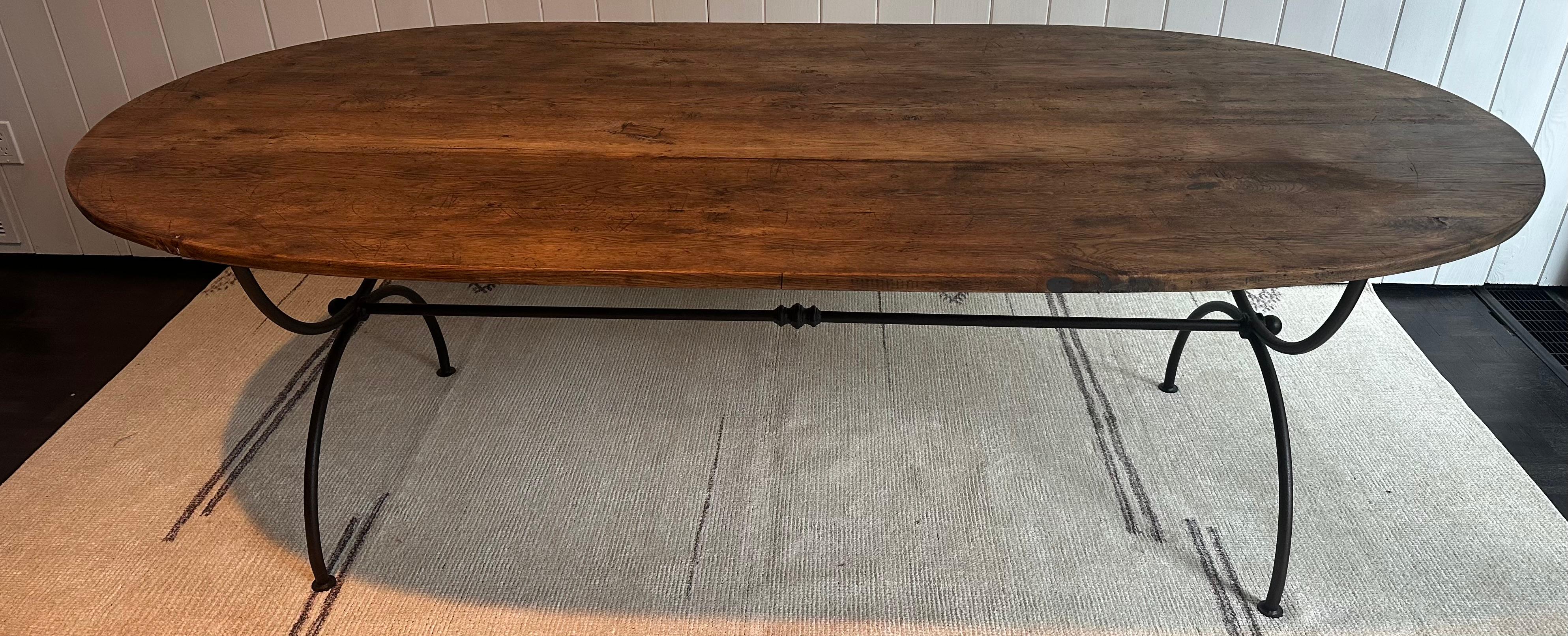 Oval Teak and Custom Metal Base Garden Dining Table For Sale 3