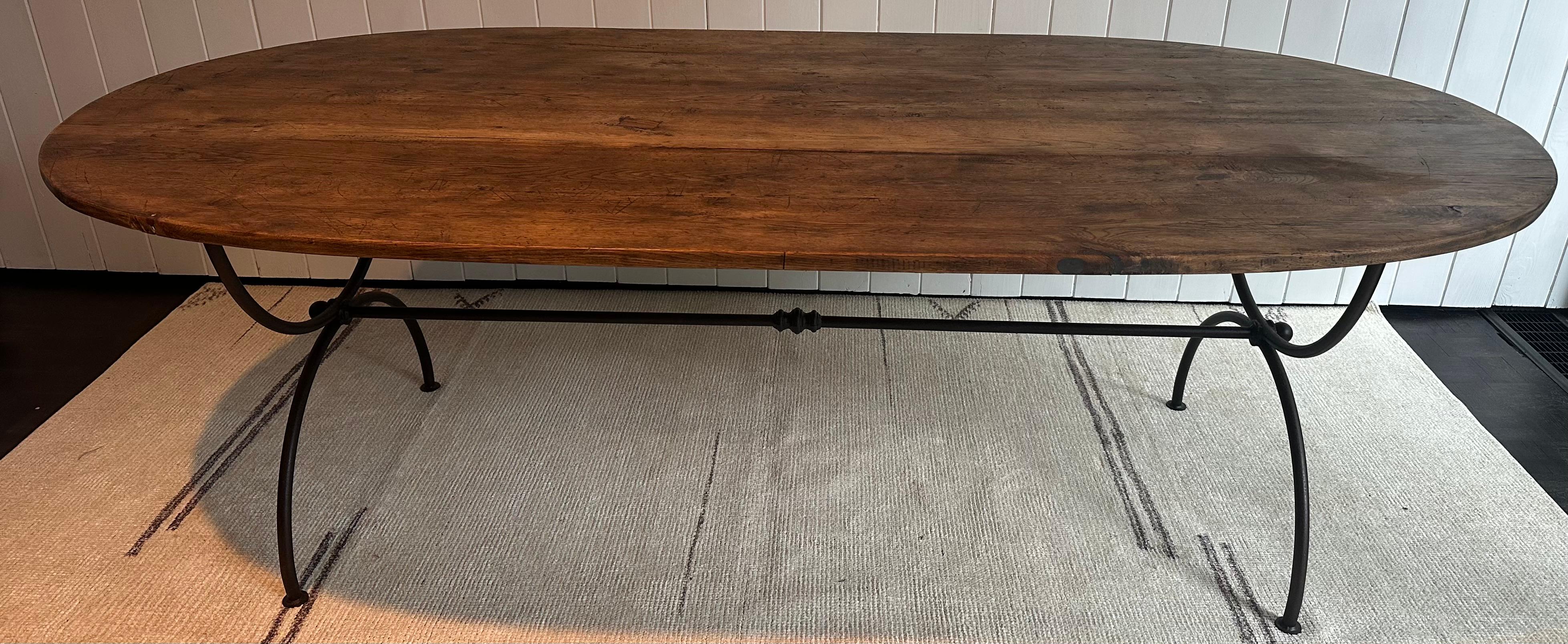 Oval Teak and Custom Metal Base Garden Dining Table For Sale 4