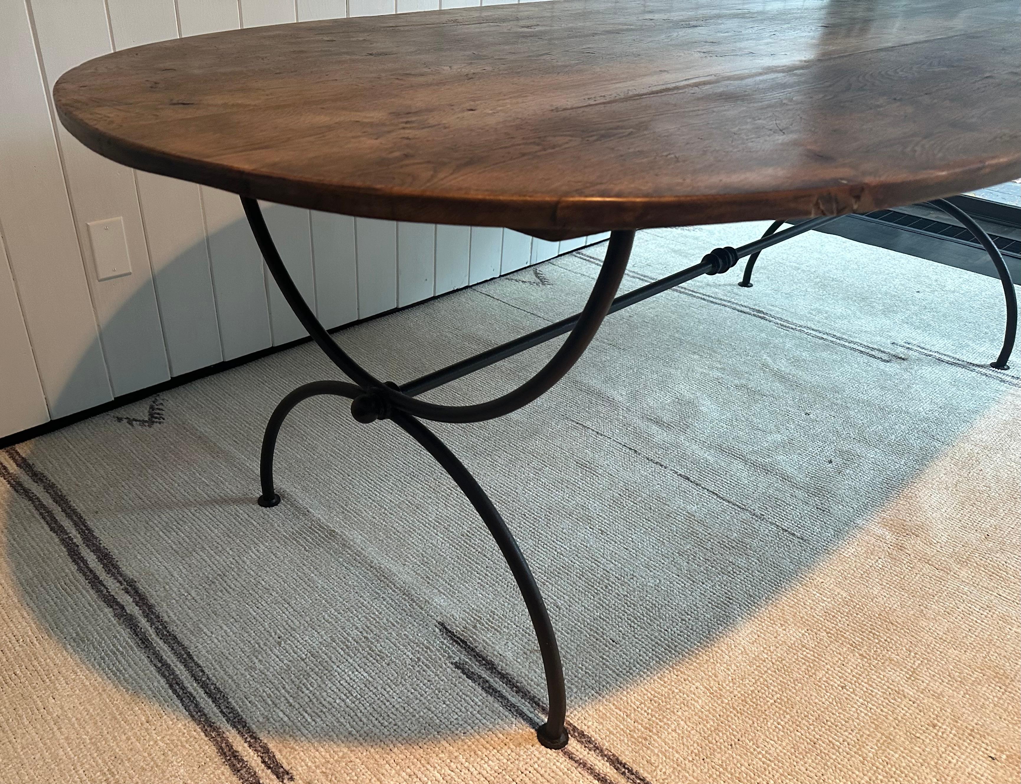 Hand-Crafted Oval Teak and Custom Metal Base Garden Dining Table For Sale