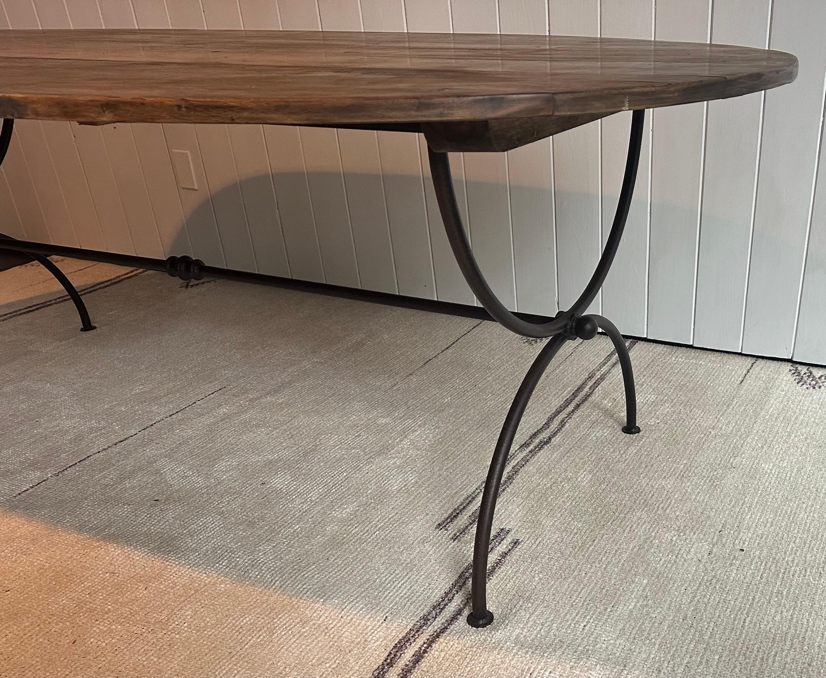 Oval Teak and Custom Metal Base Garden Dining Table In Good Condition For Sale In Sheffield, MA