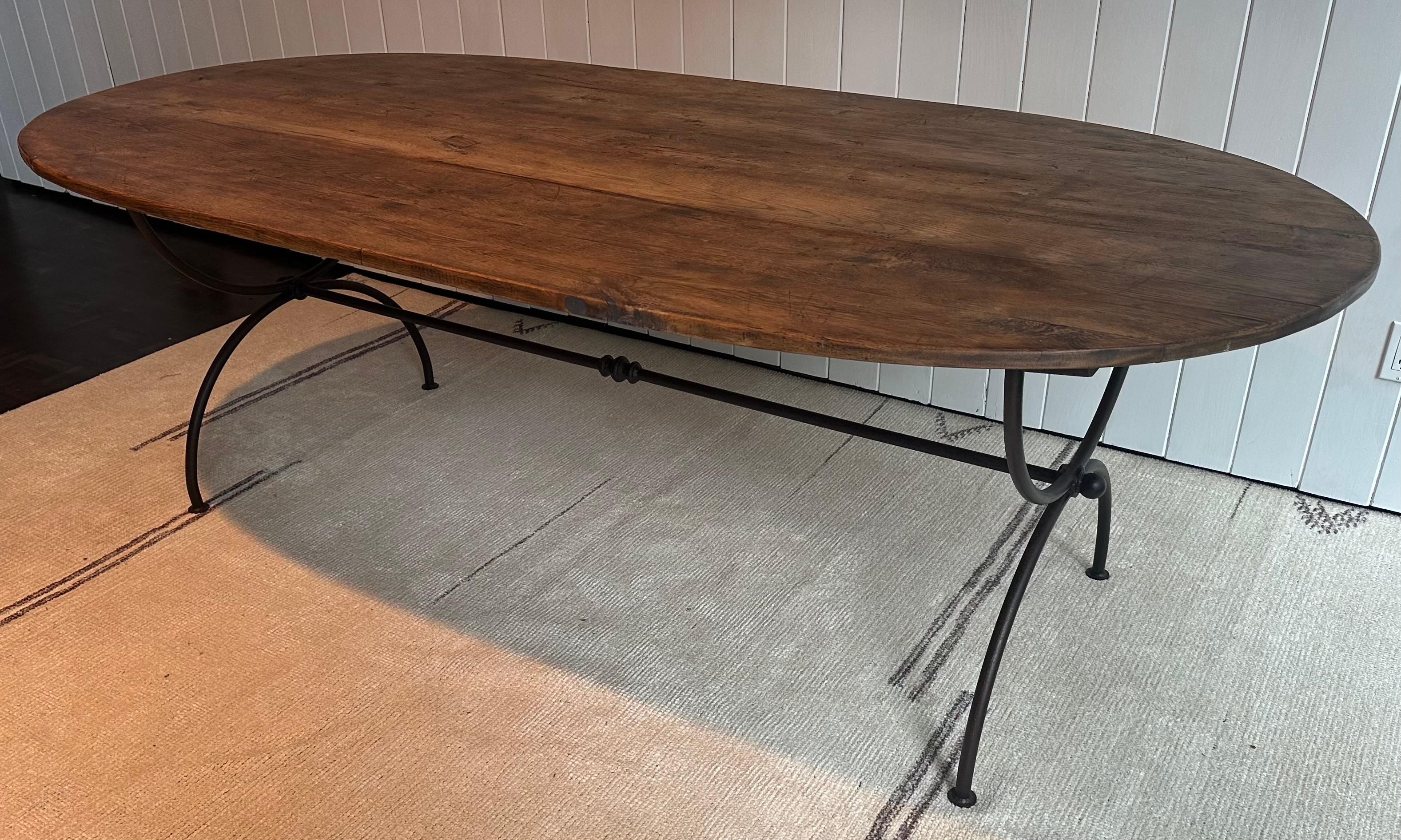 Iron Oval Teak and Custom Metal Base Garden Dining Table For Sale