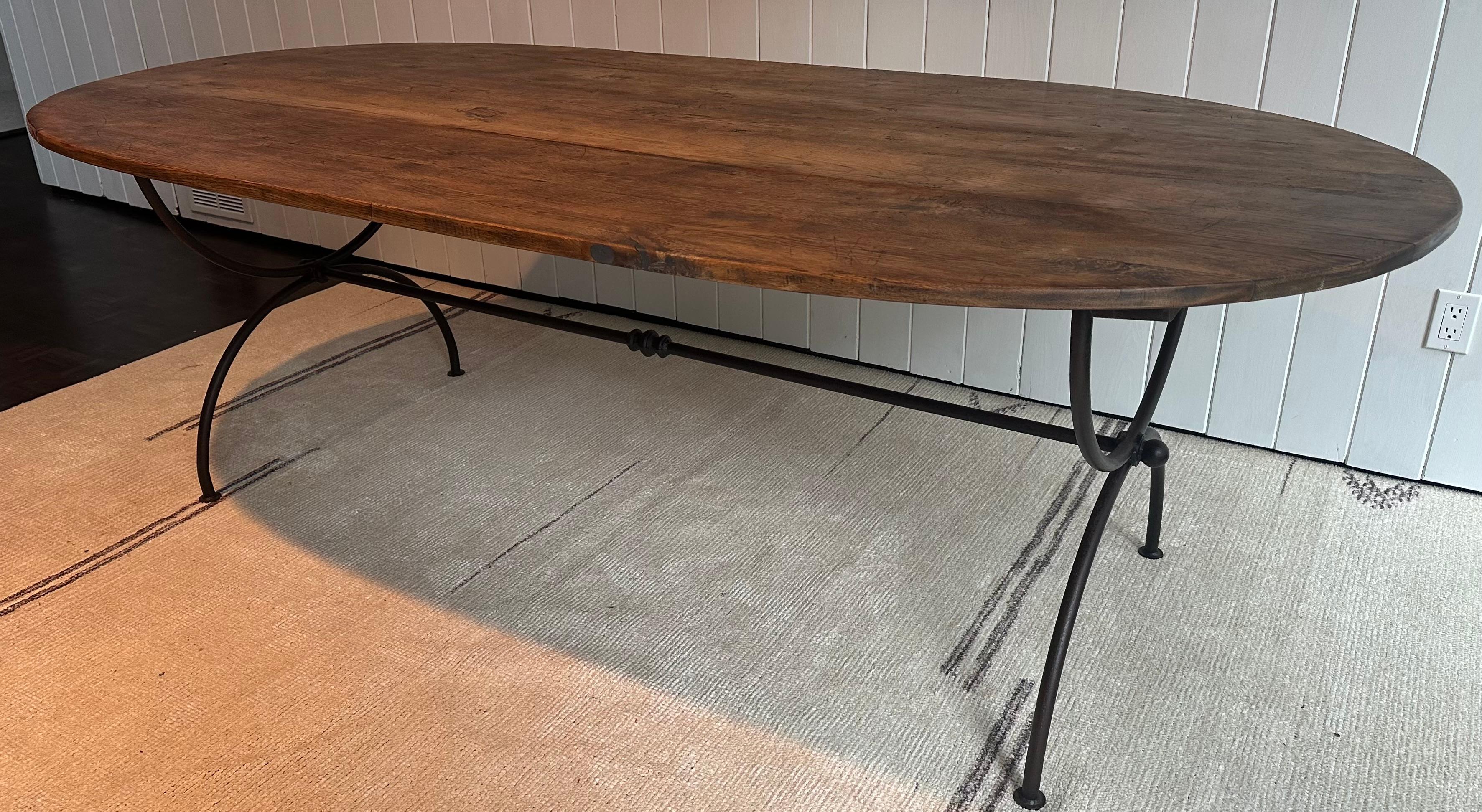 Oval Teak and Custom Metal Base Garden Dining Table For Sale 1