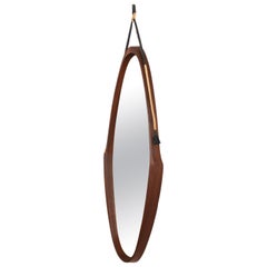 Oval Teak Framed Mirror, Italian Wall Mirror, Rope and Leather, Italy 1950s
