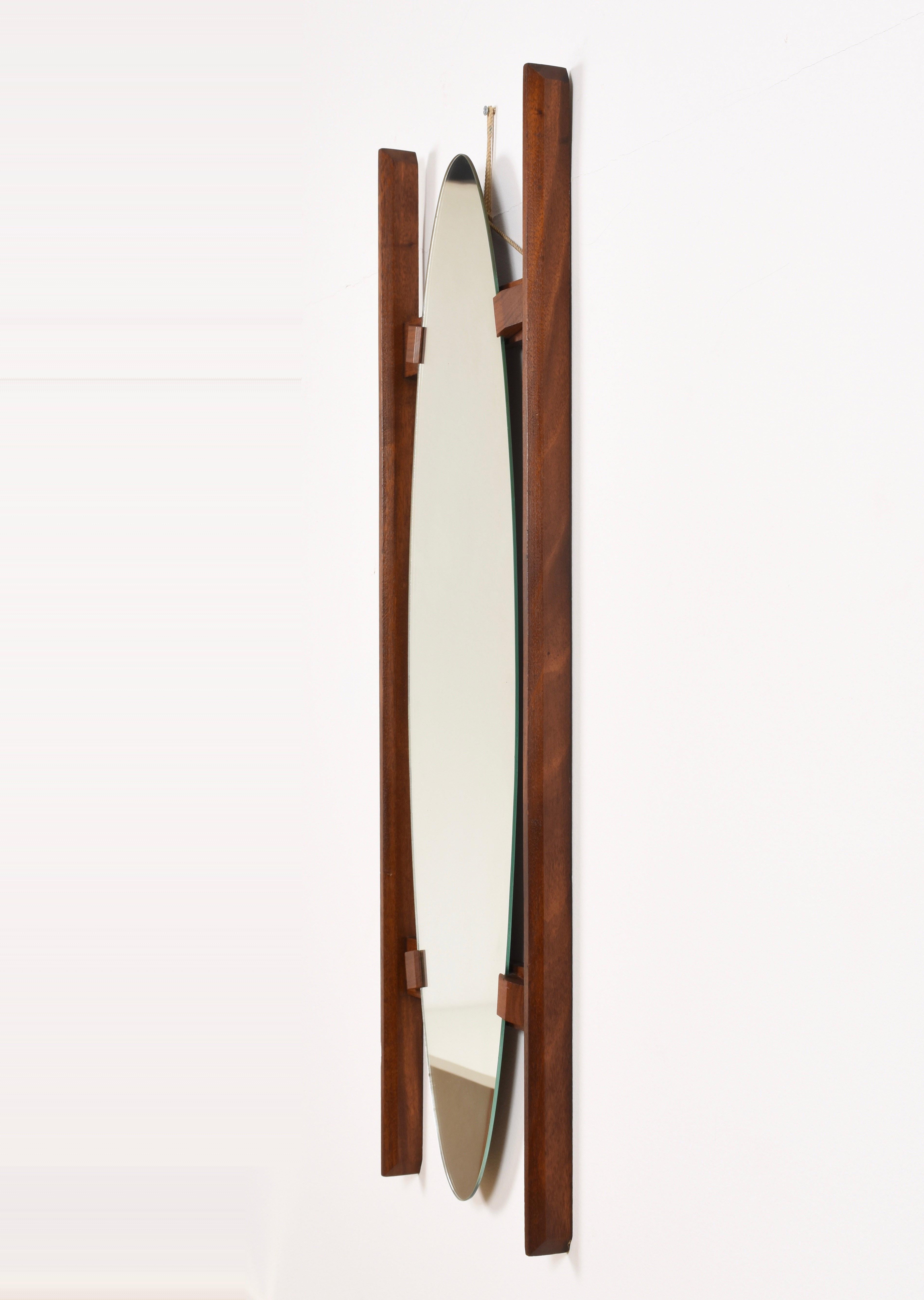 Mid-Century Modern Oval Teak Framed Mirror, Wall Mirror, Italy, 1960s
