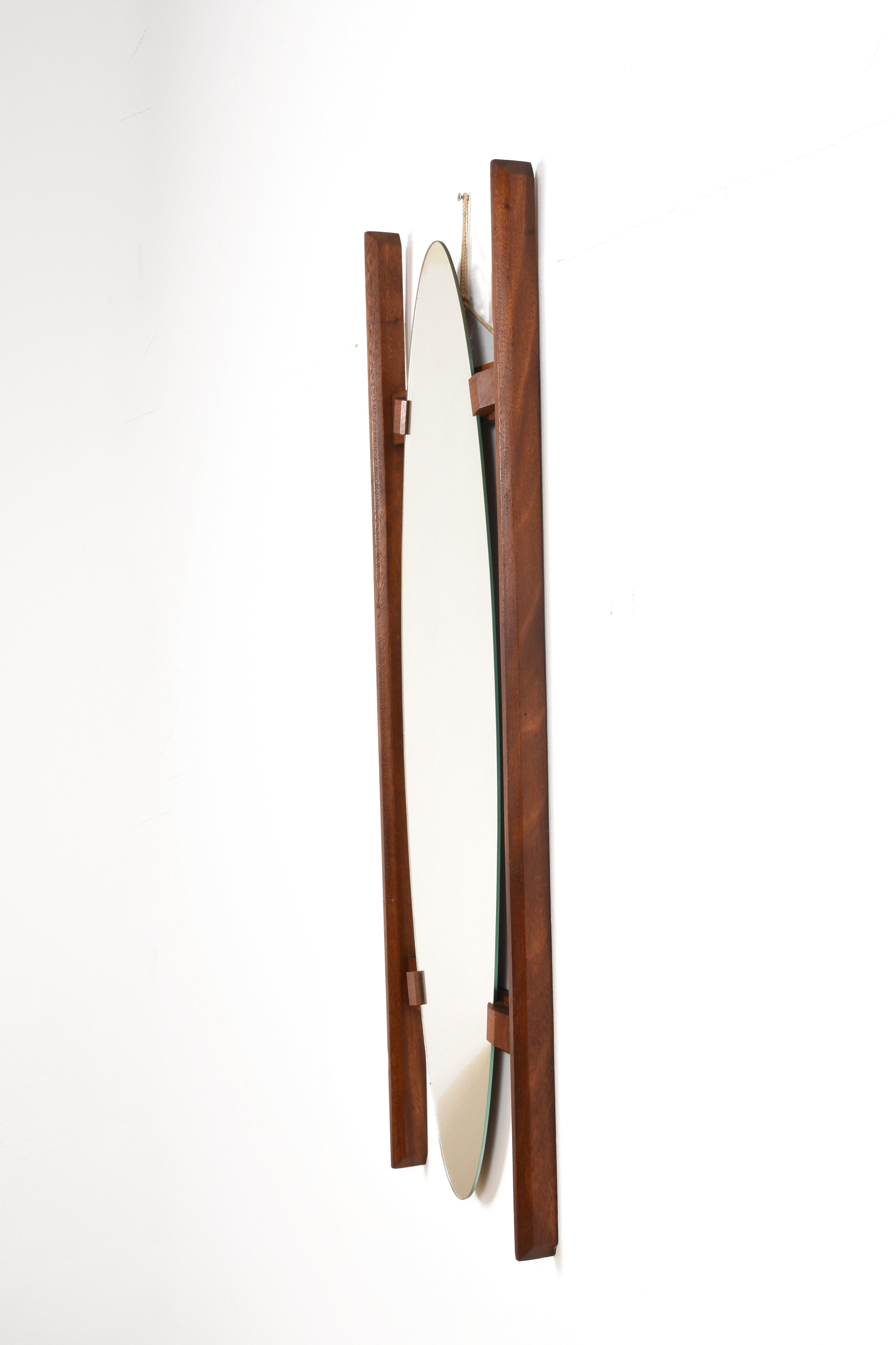 Italian Oval Teak Framed Mirror, Wall Mirror, Italy, 1960s