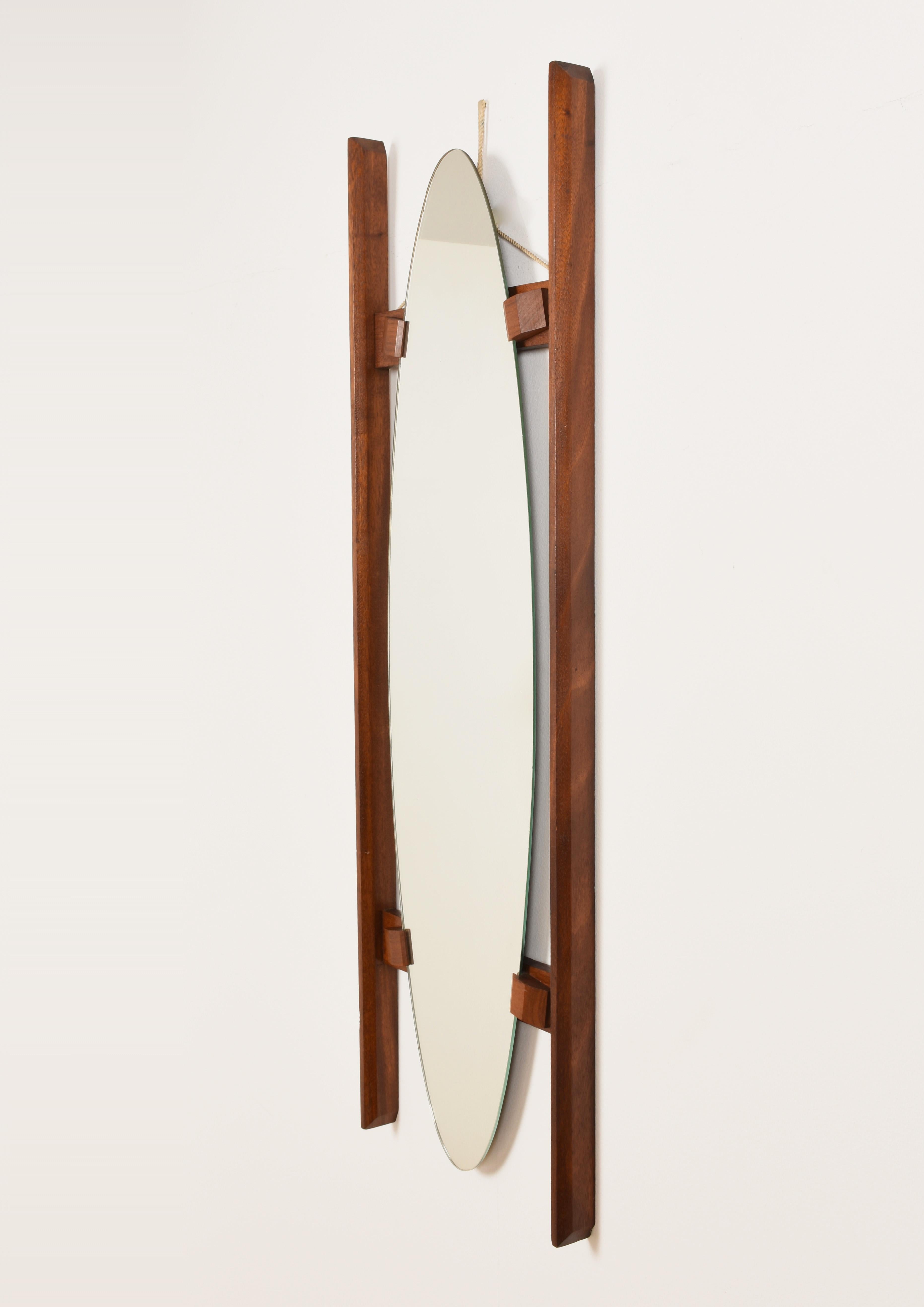20th Century Oval Teak Framed Mirror, Wall Mirror, Italy, 1960s