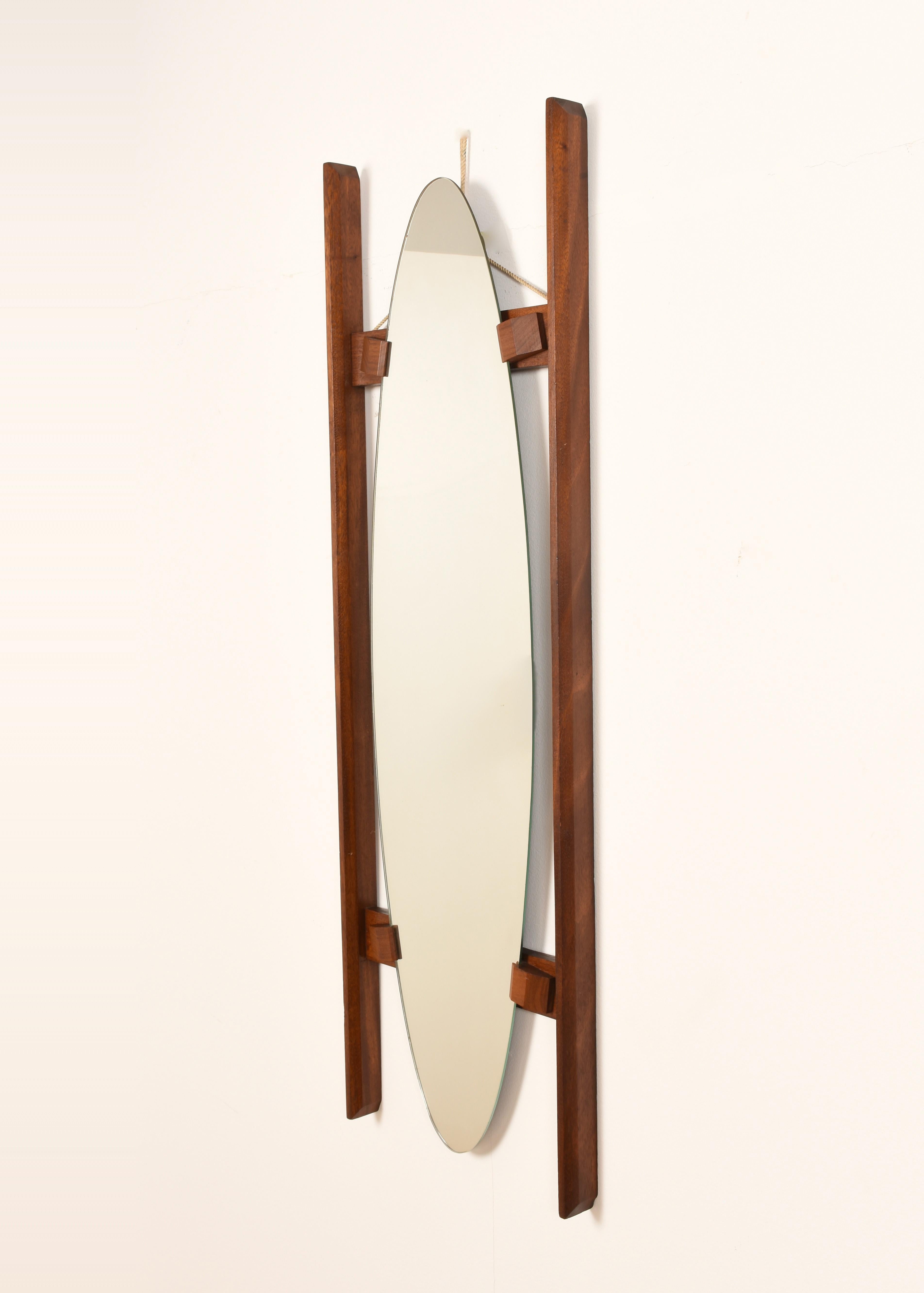 Rope Oval Teak Framed Mirror, Wall Mirror, Italy, 1960s