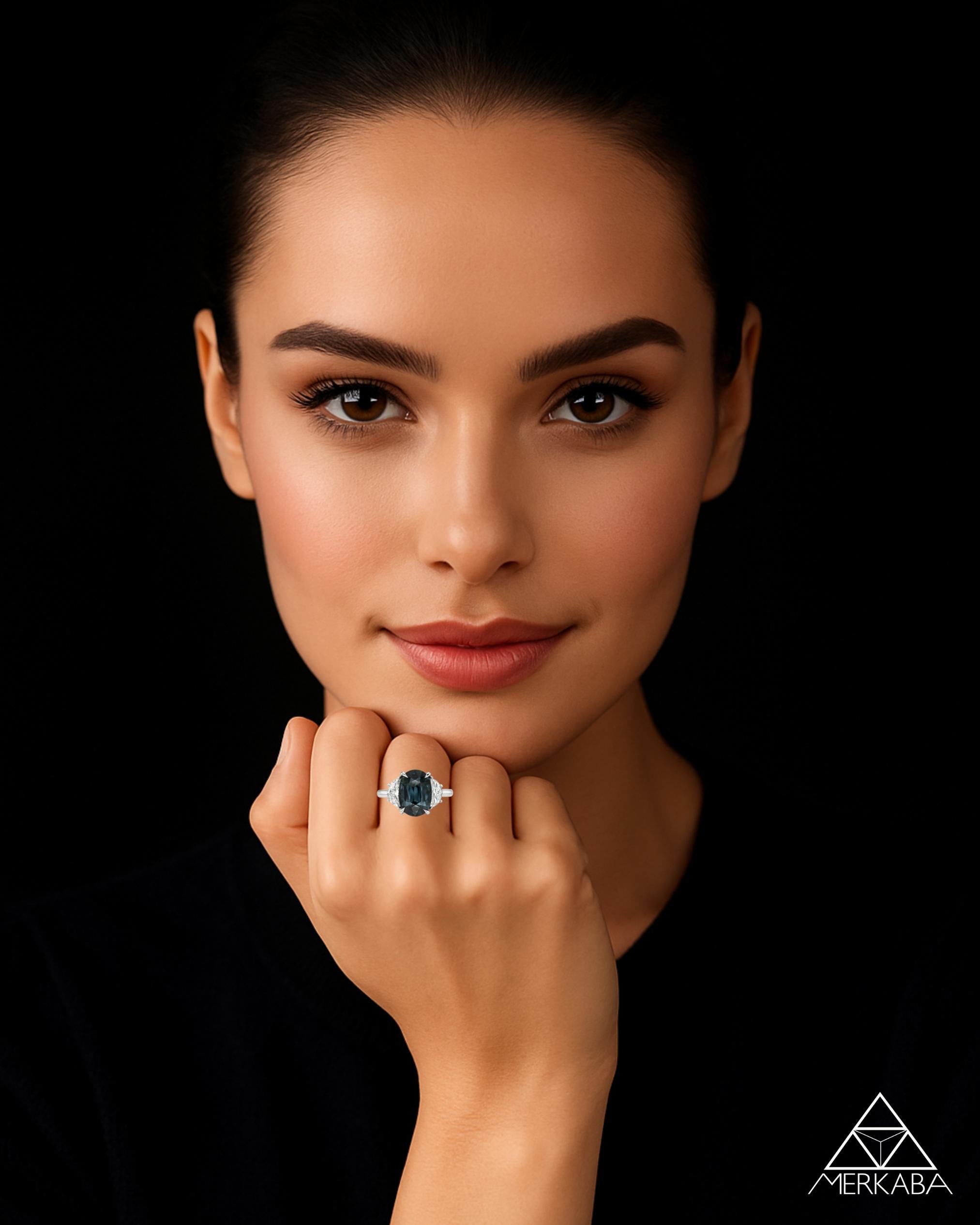 Contemporaneo Anello di fidanzamento ovale con zaffiro blu verdastro e diamante in platino - Certificato GIA