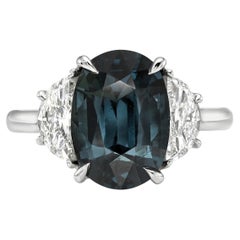Bague de fiançailles ovale en saphir bleu verdâtre et diamant en platine - certifiée GIA