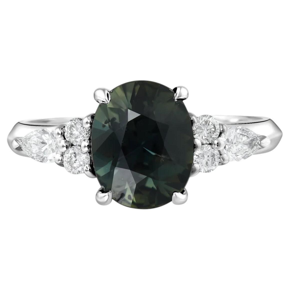 Oval Teal Sapphire Diamond Cluster White Gold Engagement Ring, 2.27 Carats For Sale