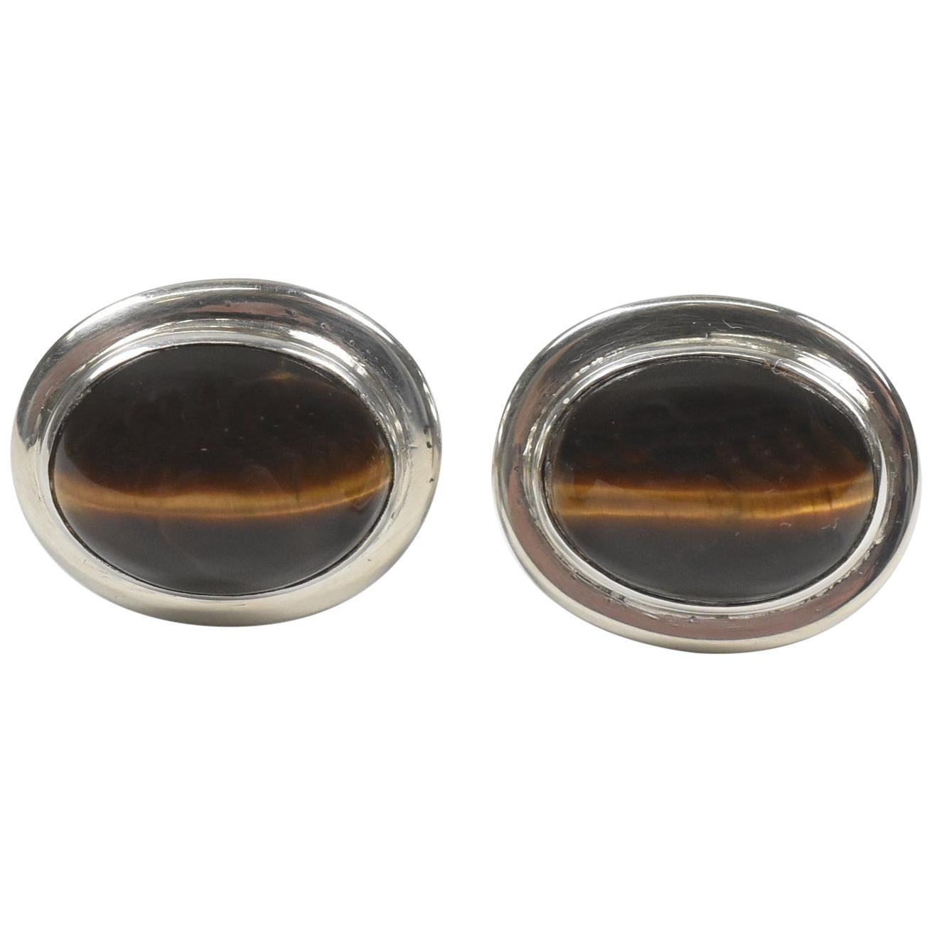 Oval Tiger-Eye Sterling Silver Cabochon Cufflinks For Sale